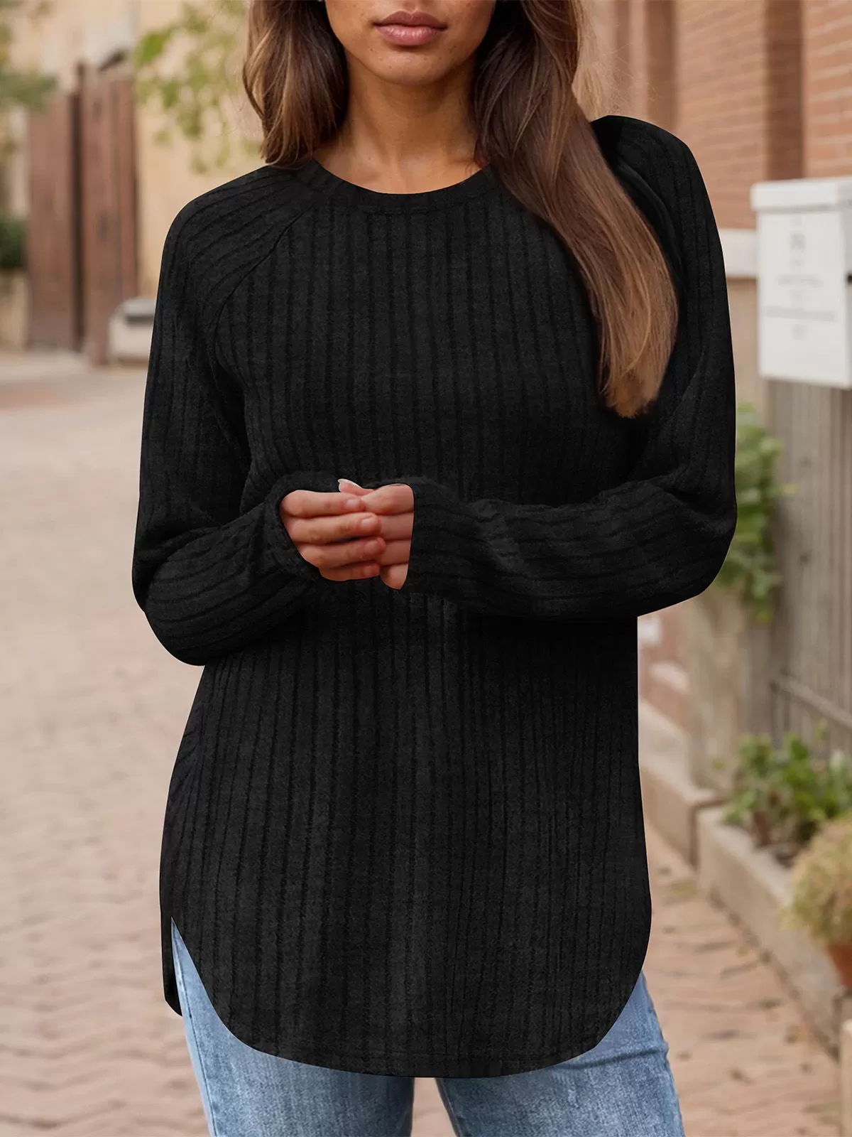 Round Neck Raglan Long Sleeve Knit Sweater, 5 of 5