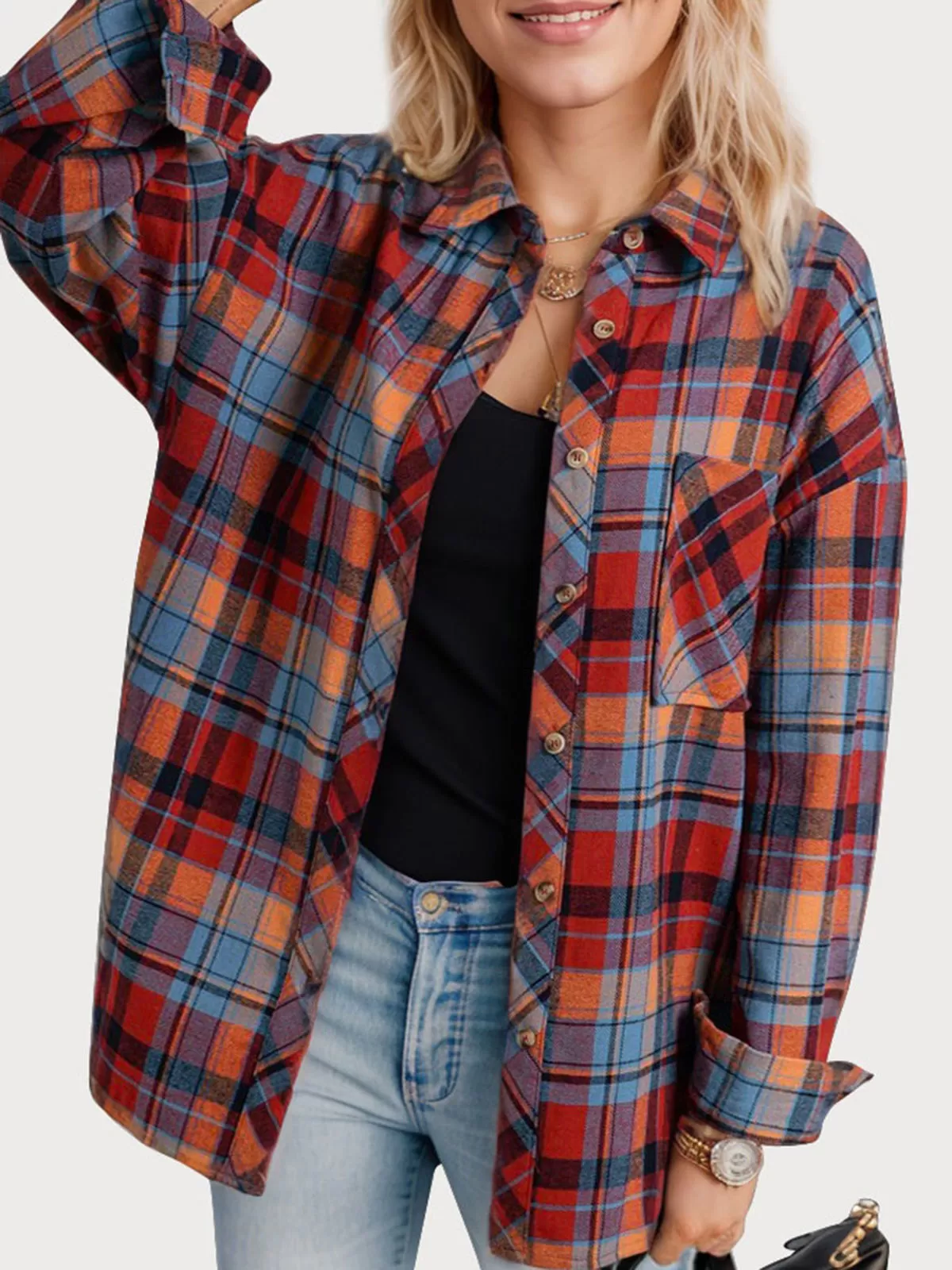 Plaid Lapel Shirt Long Sleeve Blouse, 1 of 4