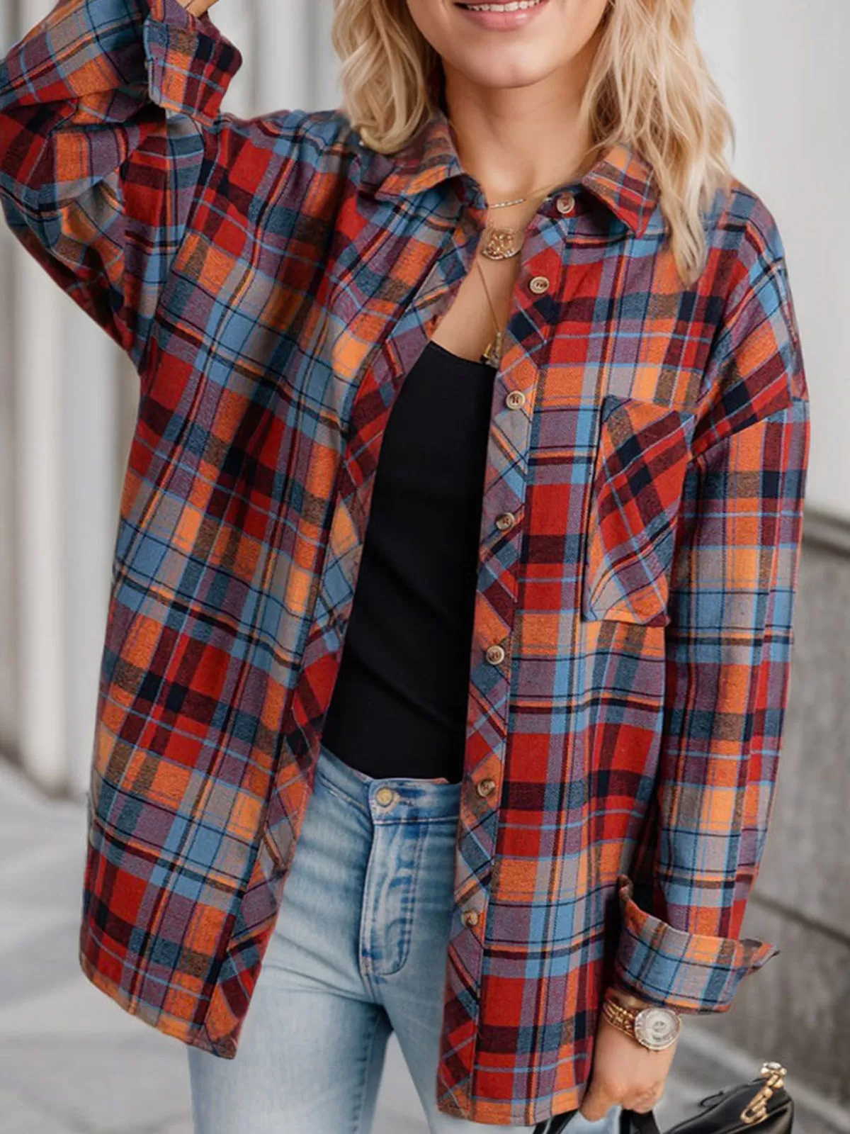 Plaid Lapel Shirt Long Sleeve Blouse, 2 of 4