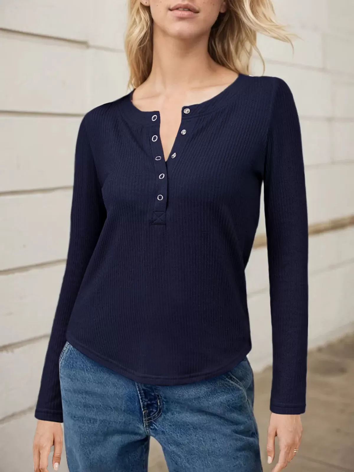 Round Neck Button Down Long Sleeve T-shirt, 4 of 5
