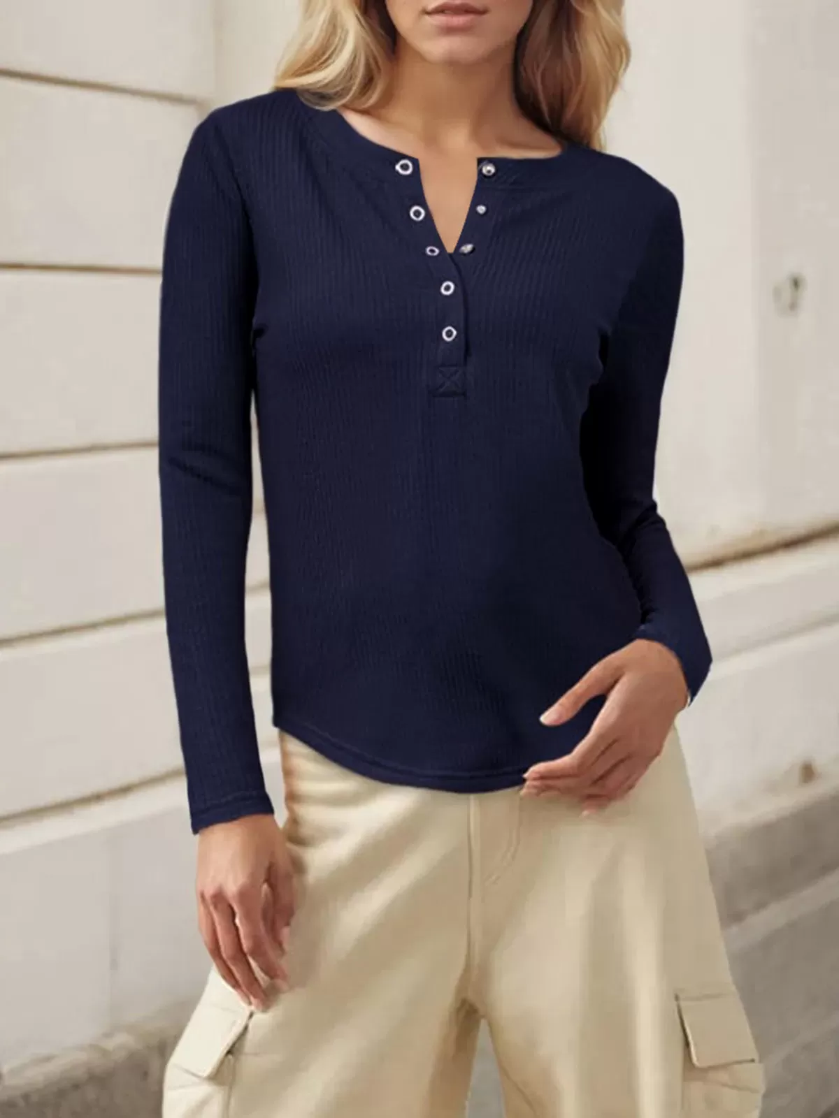 Round Neck Button Down Long Sleeve T-shirt, 5 of 5