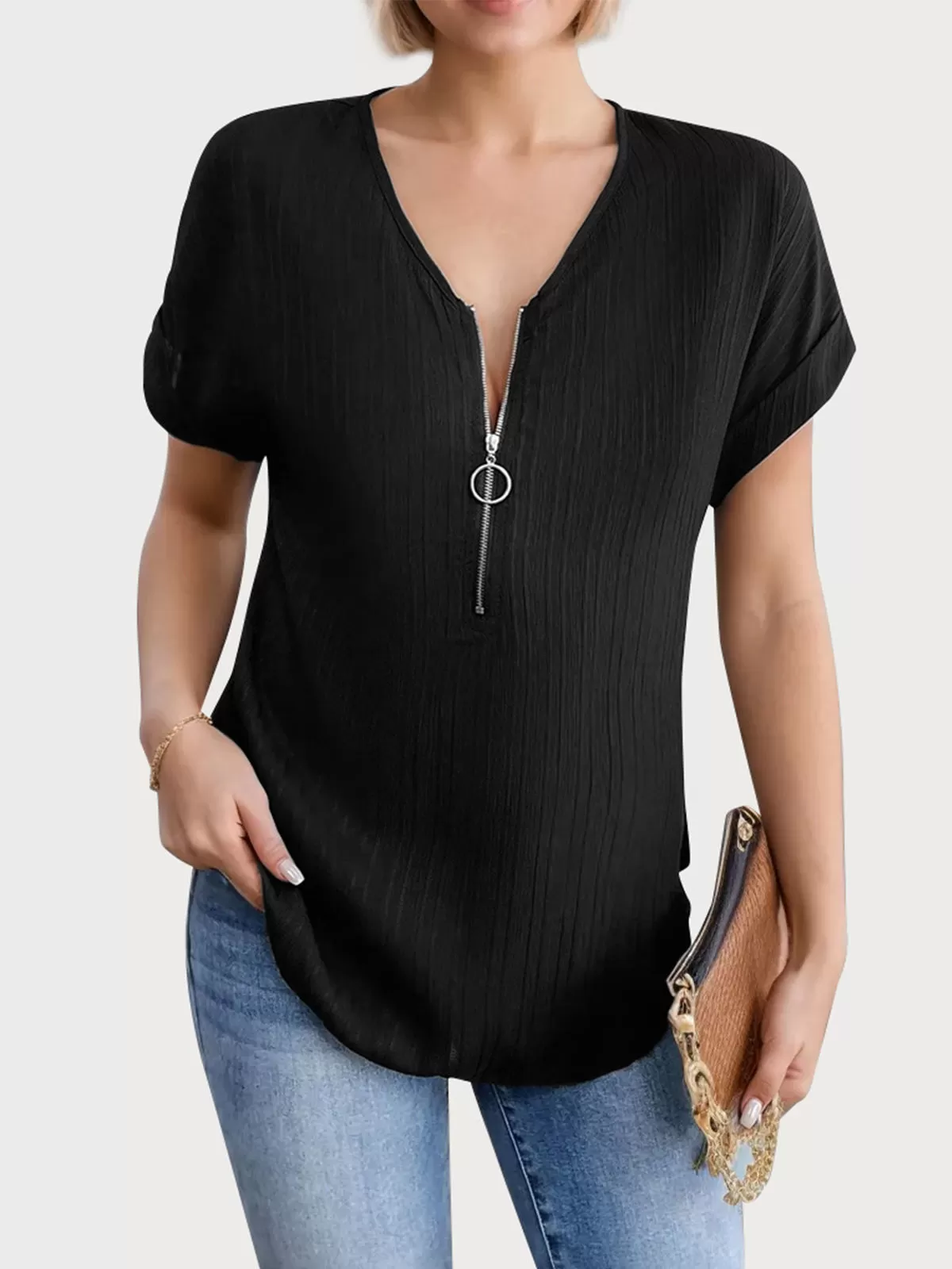 Half Zipper Batwing Sleeve Blouse, 1 of 7