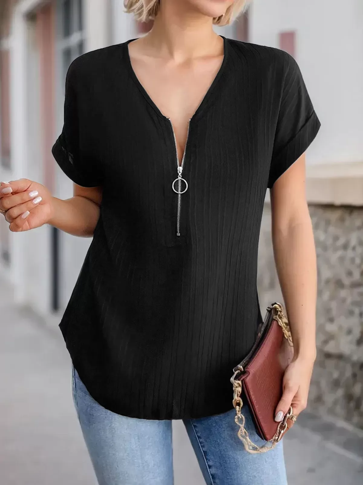 Half Zipper Batwing Sleeve Blouse, 6 of 7