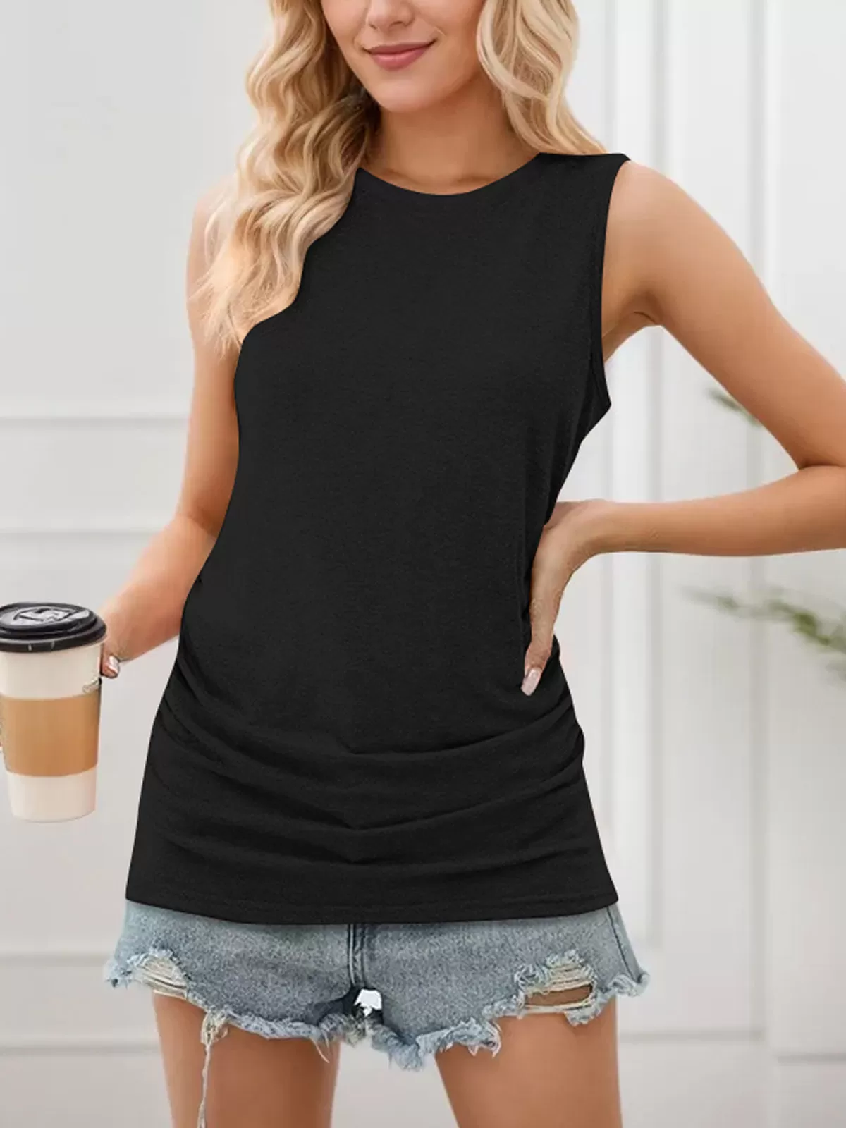 Solid Round Neck Ruched Tank, 5 of 6