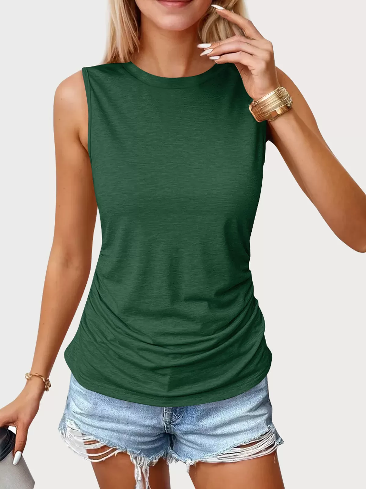 Solid Round Neck Ruched Tank, 1 of 6