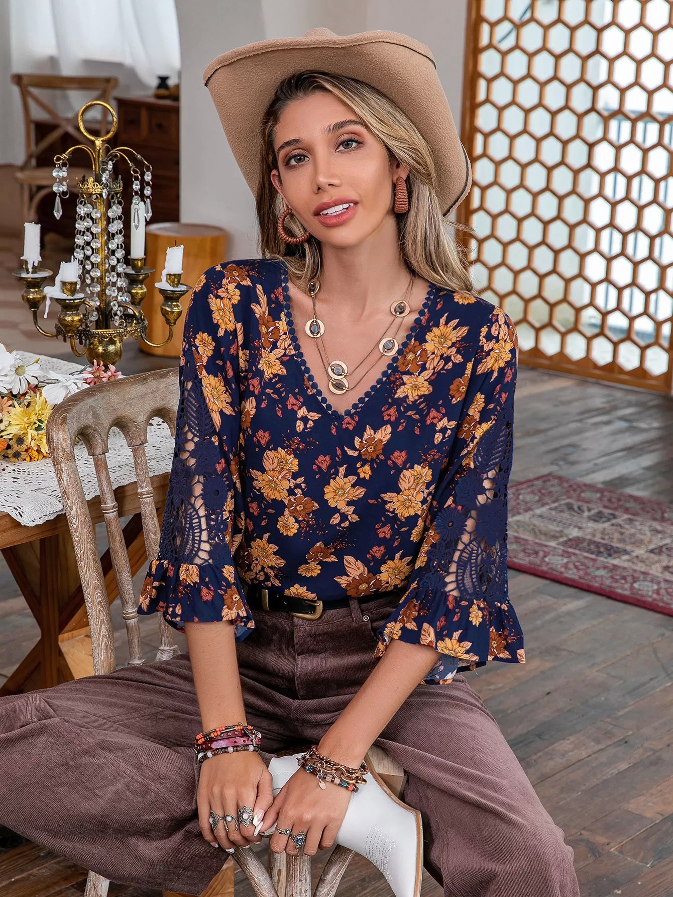 Floral Embroidery V-neck Blouse | DRESSIN