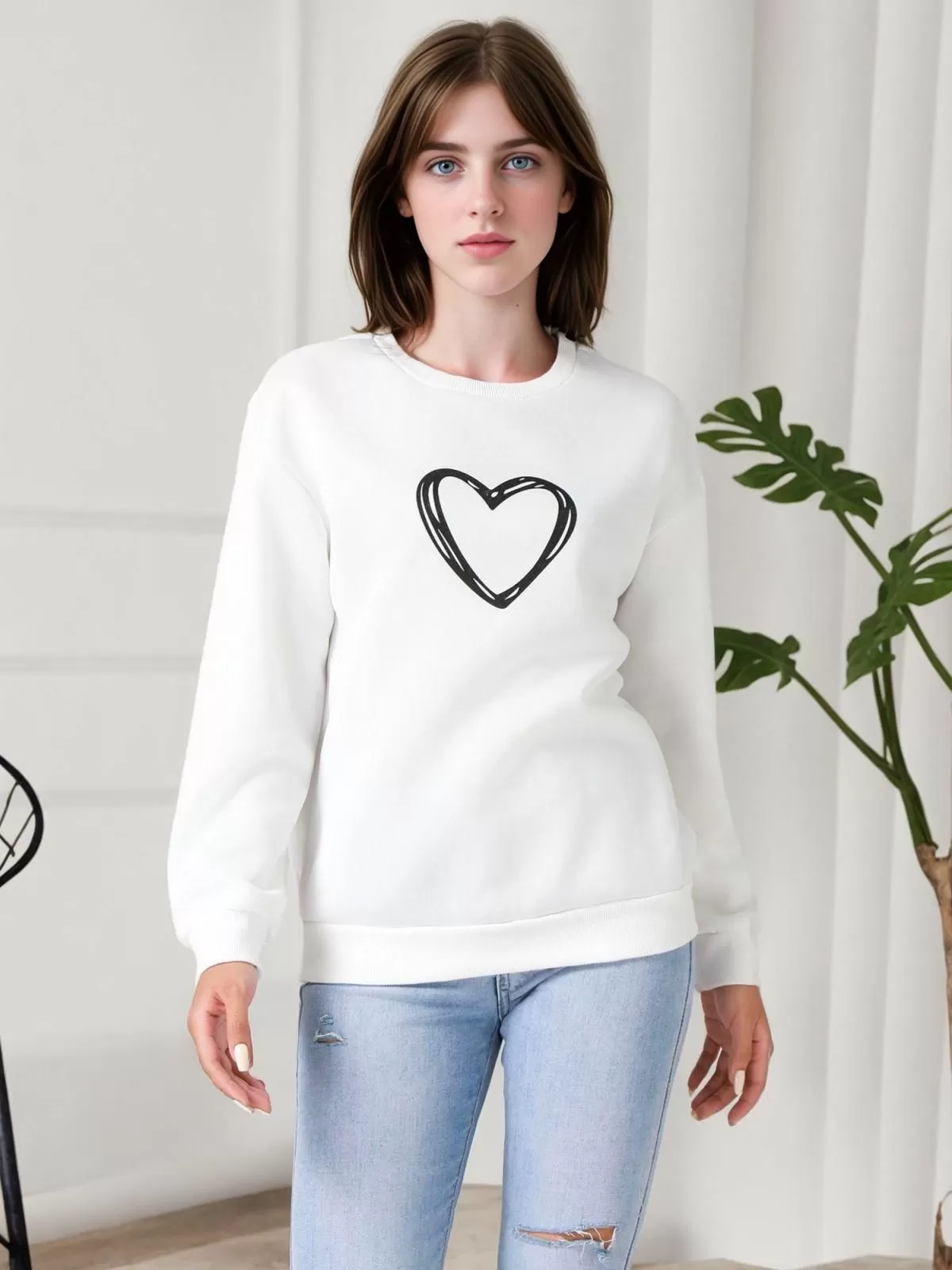 Heart Round Neck Drop Shoulder Sweatshirt | DRESSIN