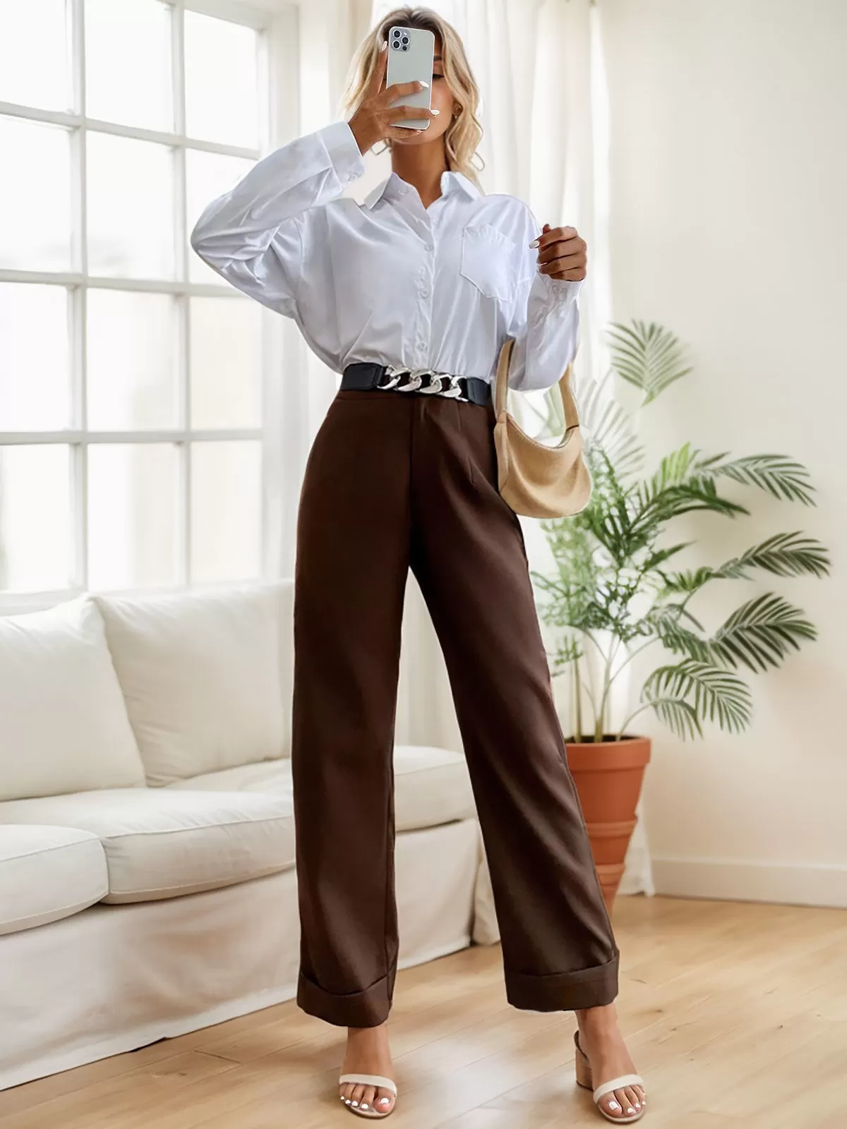 Solid Medium Rise Button Fly Pants, 5 of 6