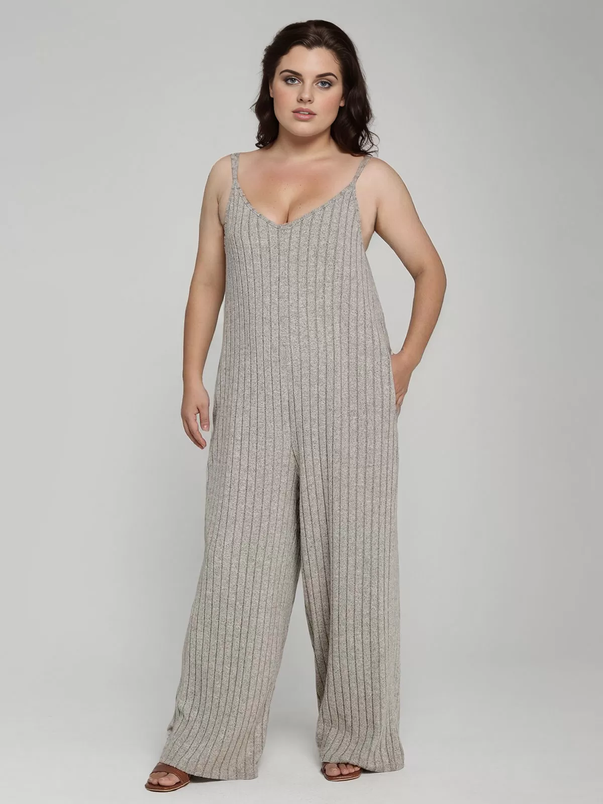 Plus Size Solid V-neck High Rise Knitted Jumpsuits, 2 of 6