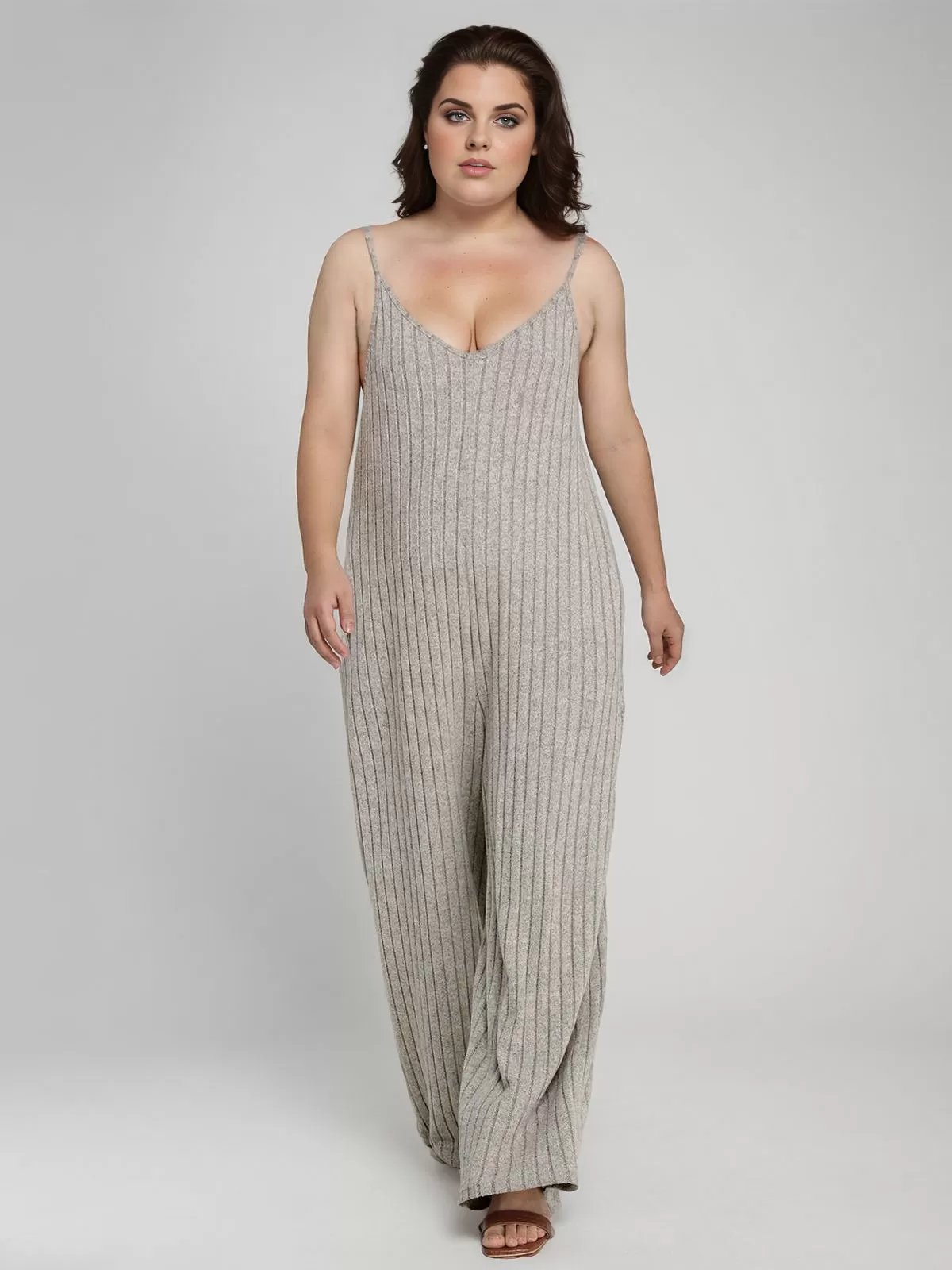 Plus Size Solid V-neck High Rise Knitted Jumpsuits, 4 of 6
