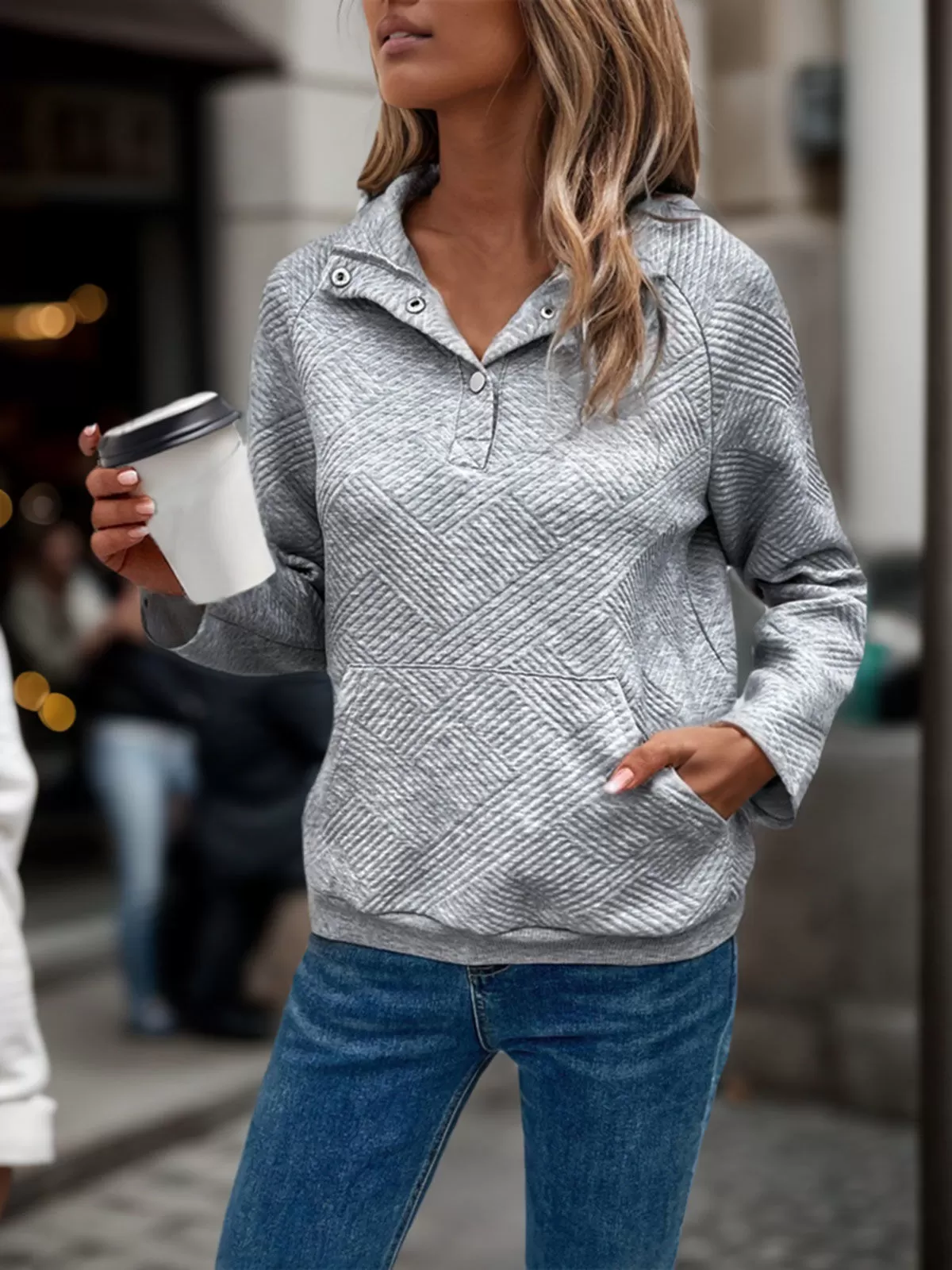 Solid Metal Button High Neck Mock Sweatshirt, 5 of 6