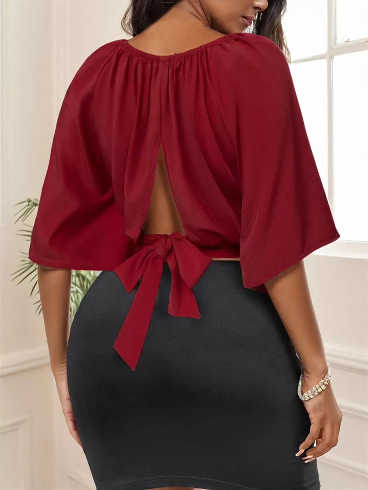 Solid Round Neck Henley Top, 5 of 6