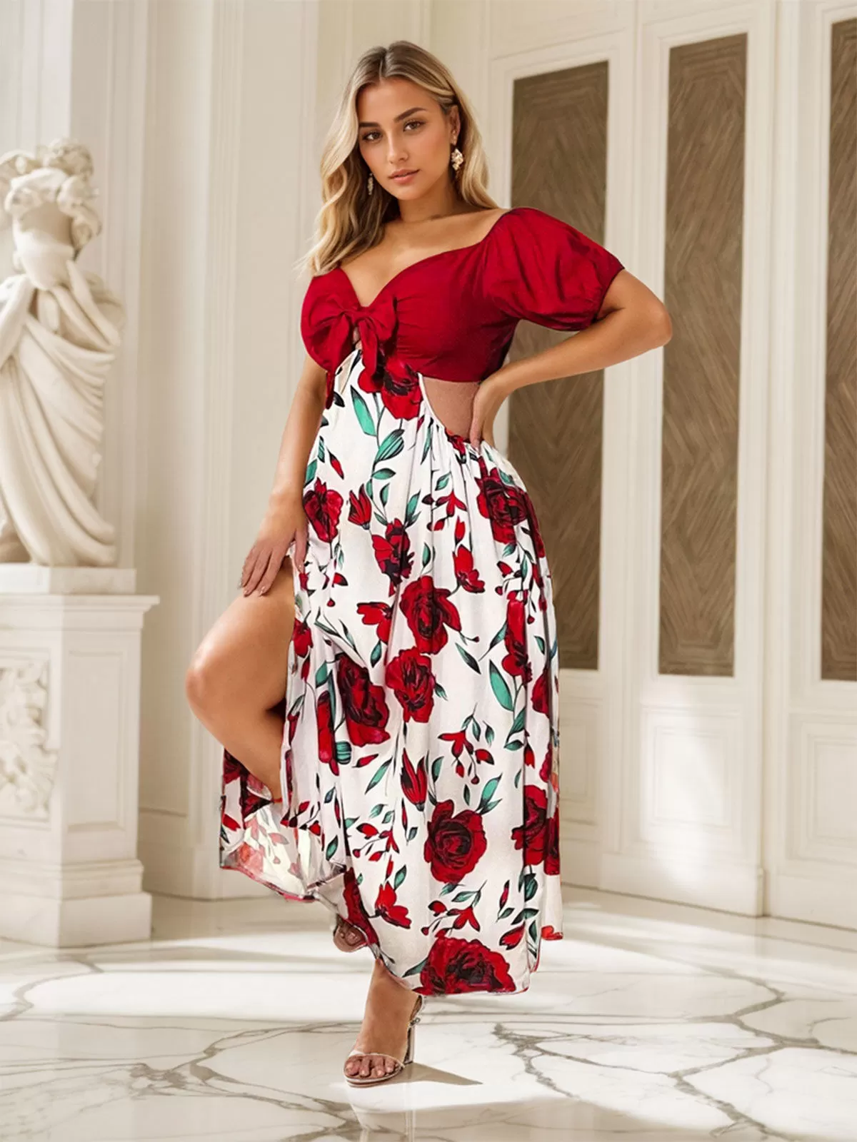 Plus Size Rose V-neck Puff Skater Dress, 4 of 6