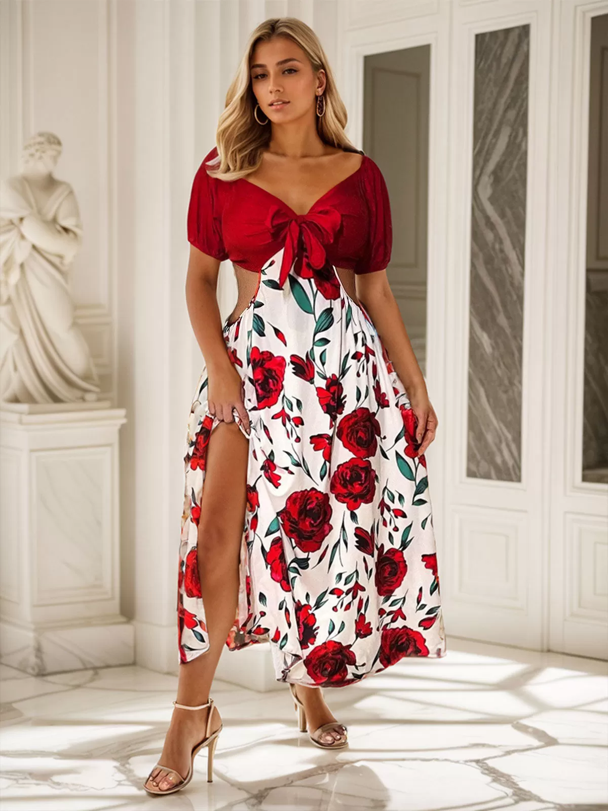 Plus Size Rose V-neck Puff Skater Dress, 5 of 6