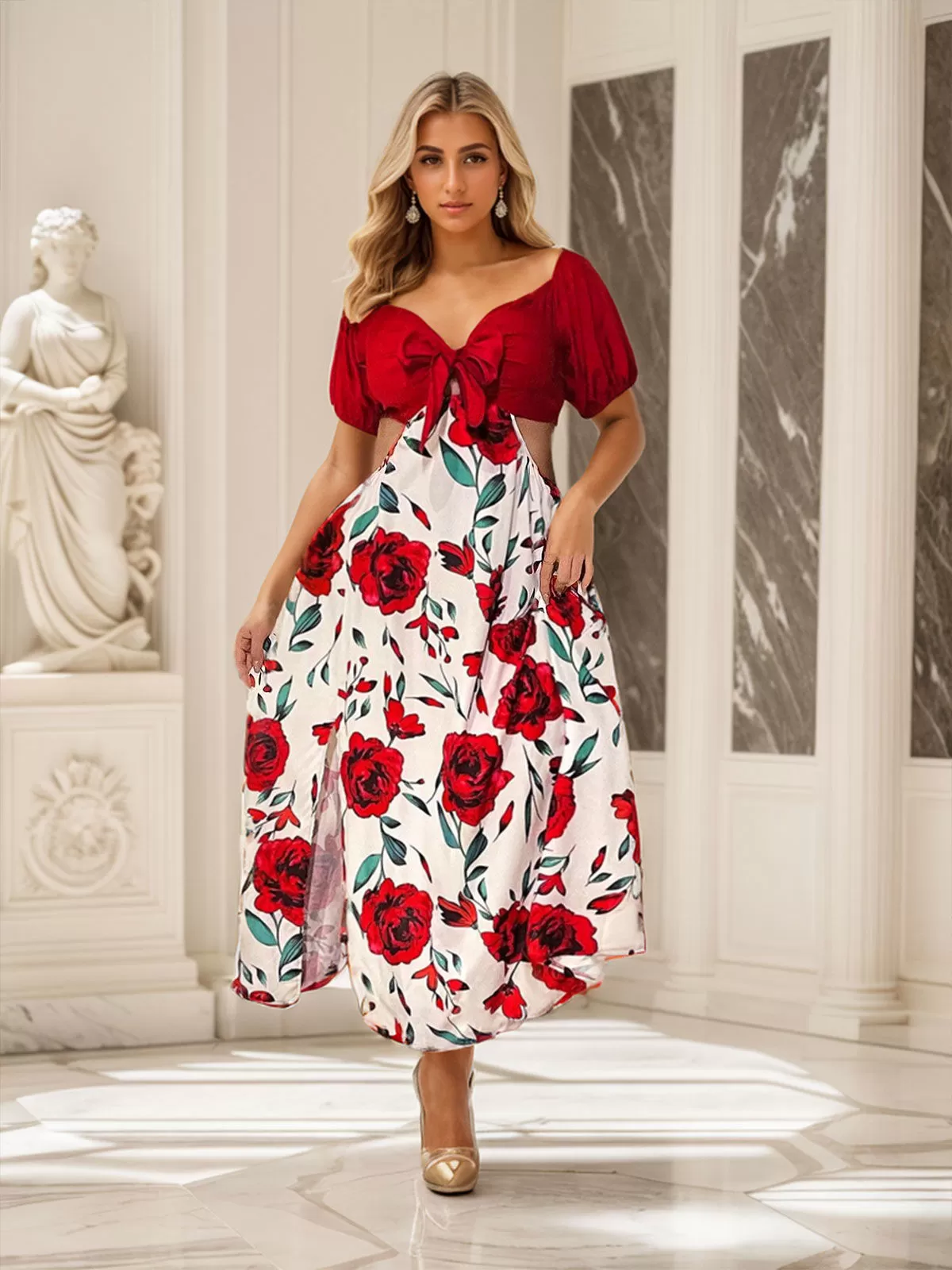 Plus Size Rose V-neck Puff Skater Dress, 6 of 6