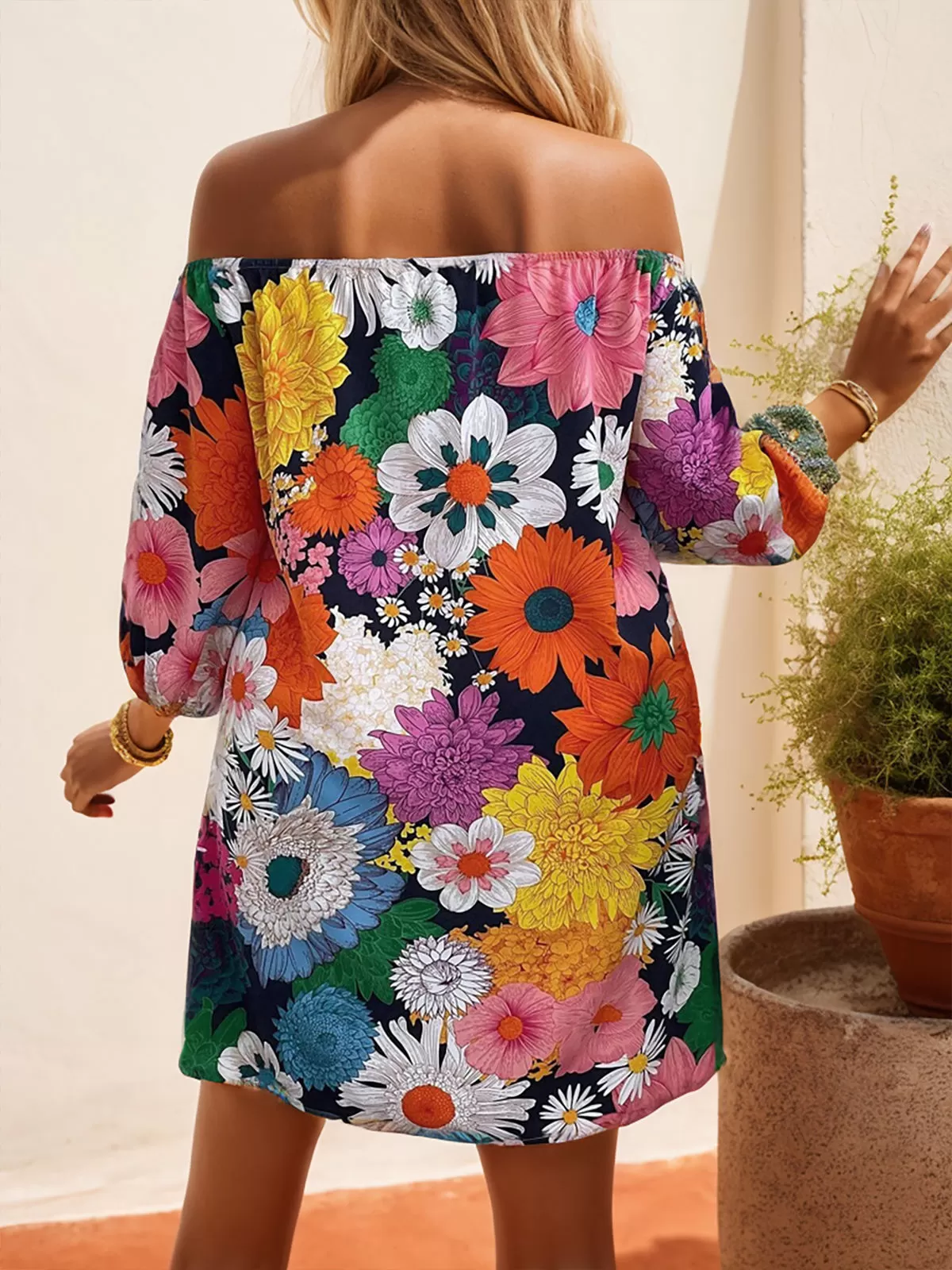 Plus Size Floral Off Shoulder Puff Bubble Dress, 2 of 6