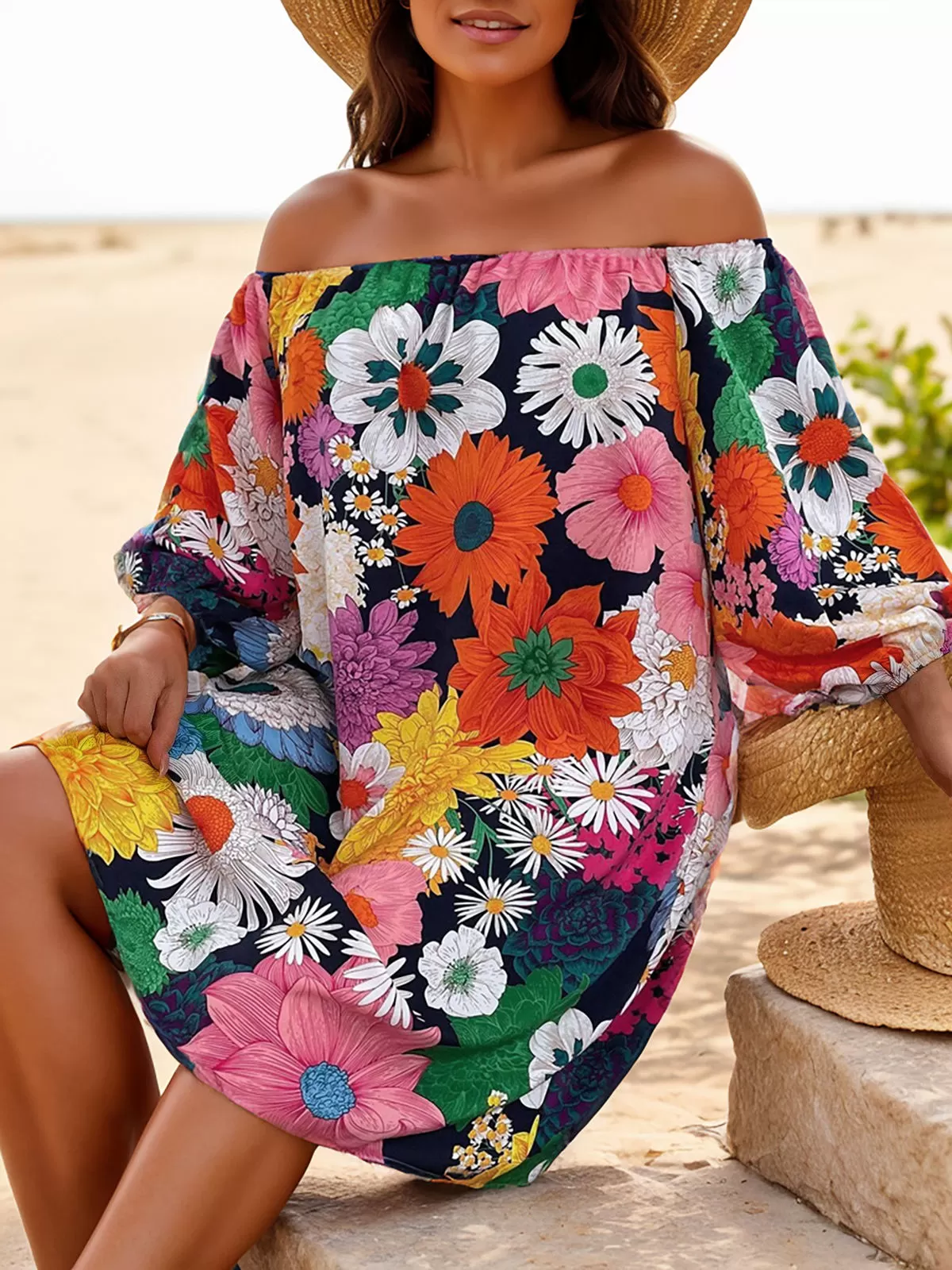 Plus Size Floral Off Shoulder Puff Bubble Dress, 3 of 6
