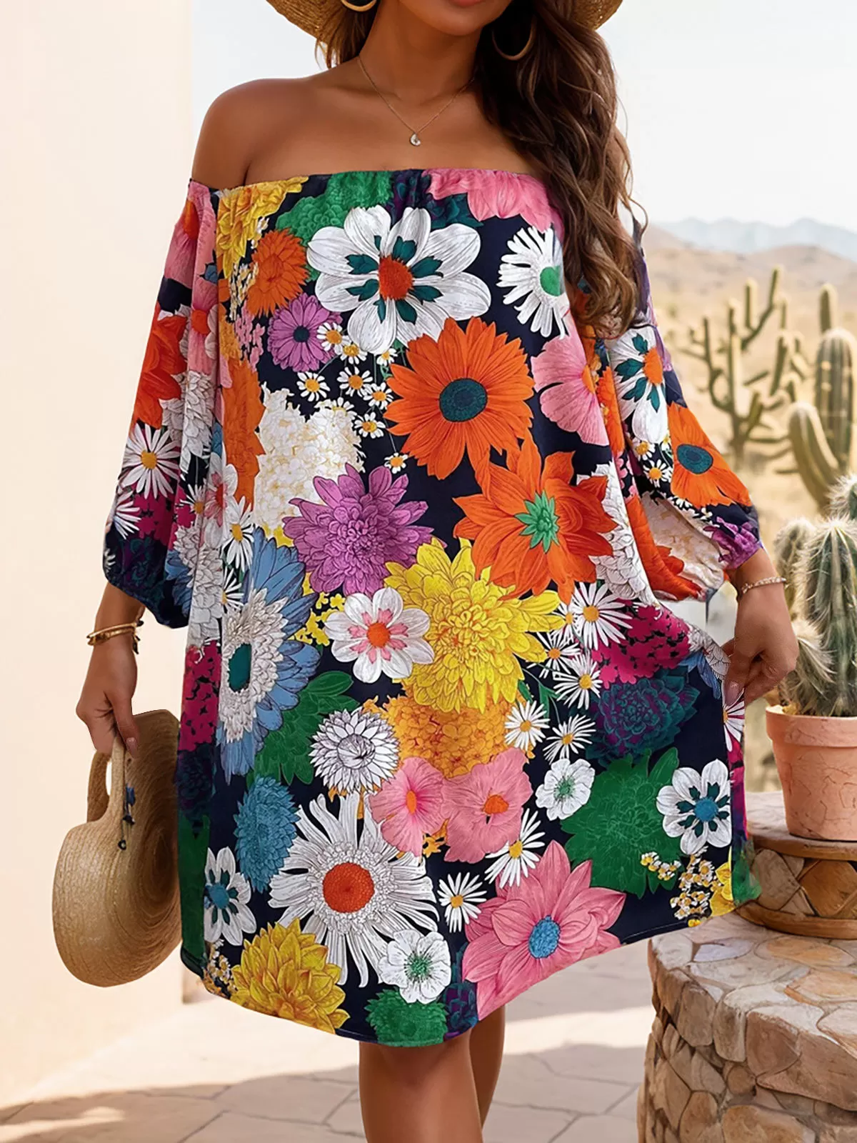 Plus Size Floral Off Shoulder Puff Bubble Dress, 4 of 6