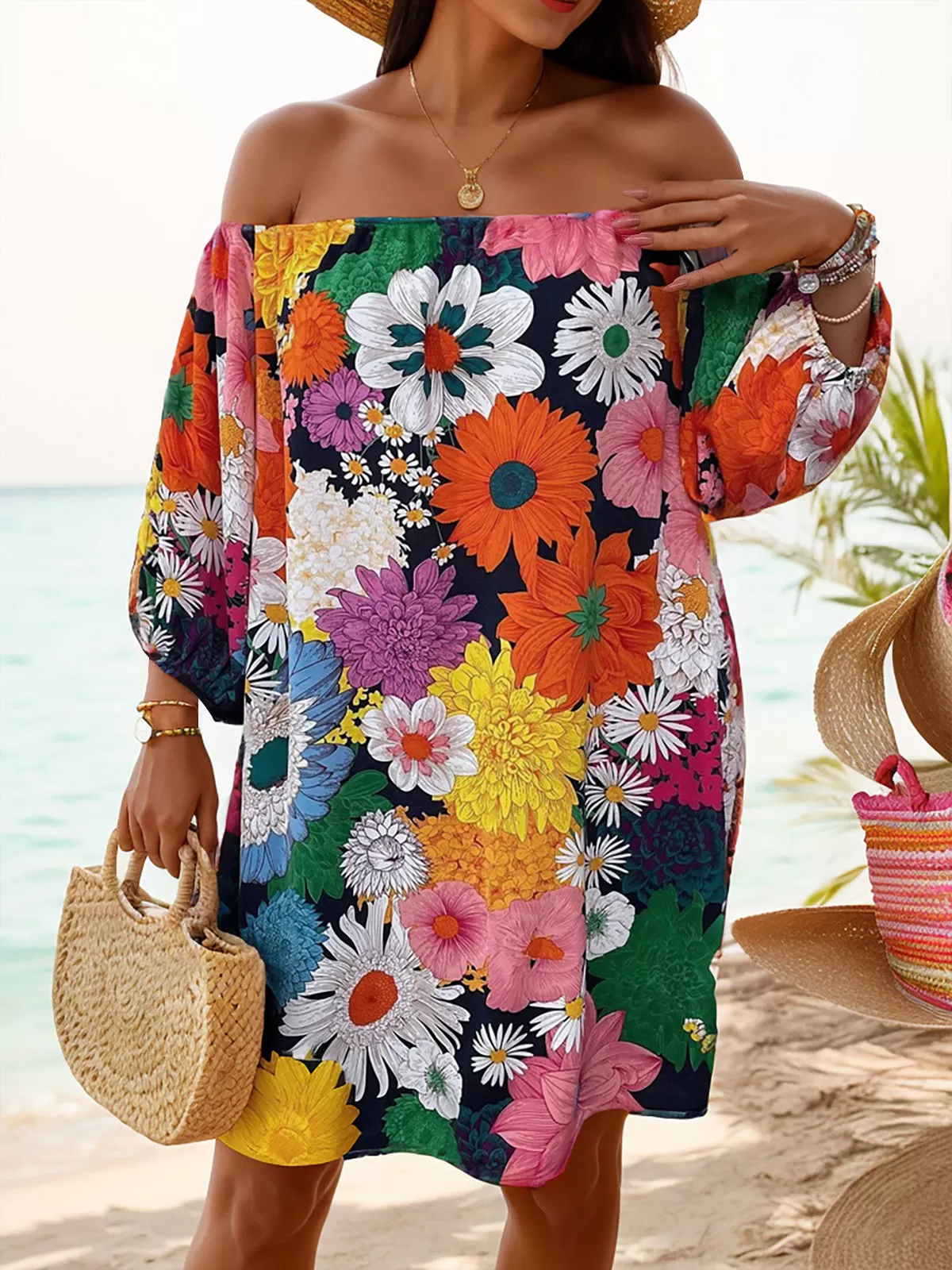 Plus Size Floral Off Shoulder Puff Bubble Dress, 5 of 6