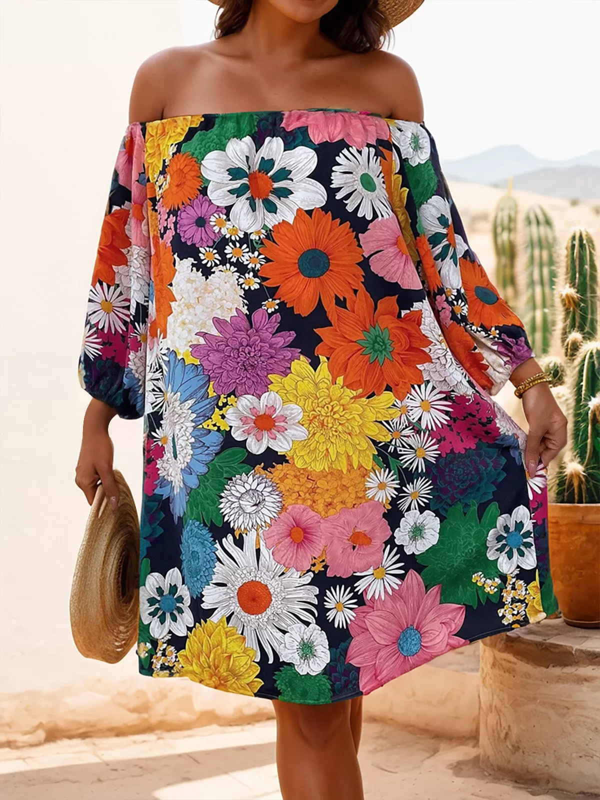 Plus Size Floral Off Shoulder Puff Bubble Dress, 6 of 6