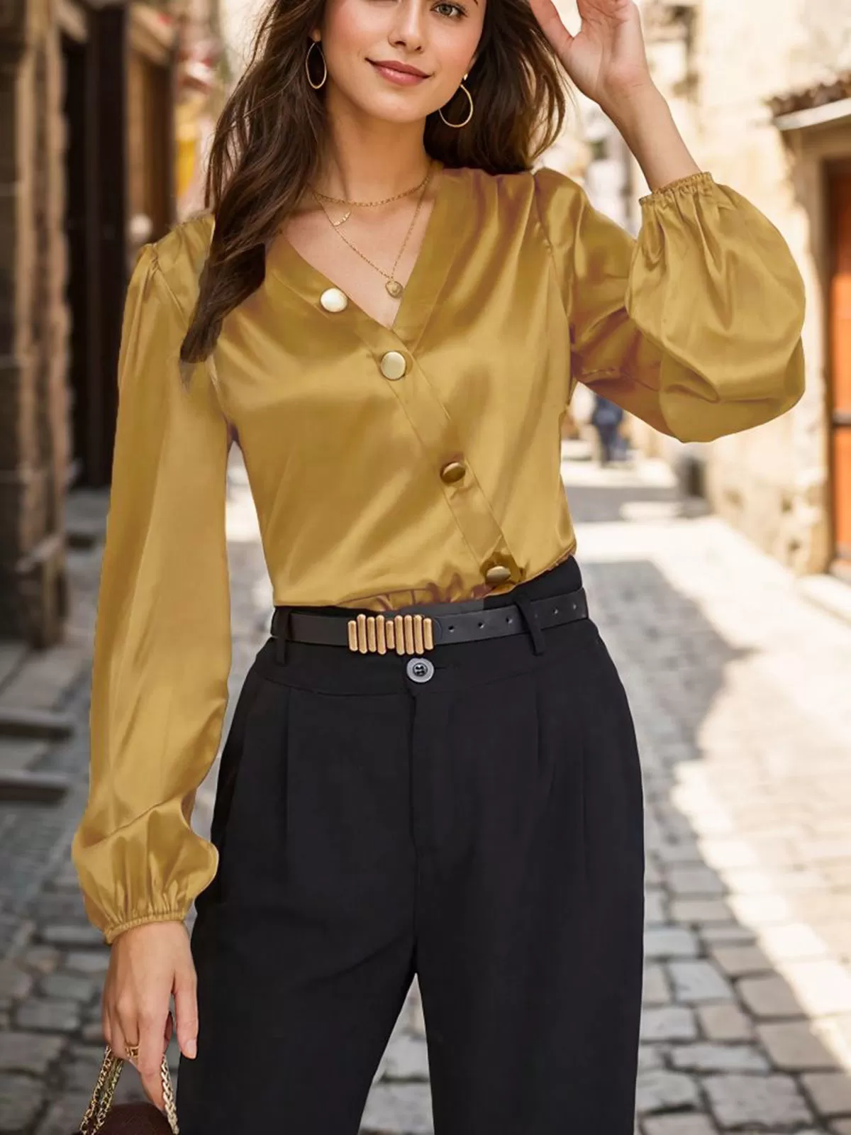 Solid Button V-neck Regular Blouse, 3 of 6