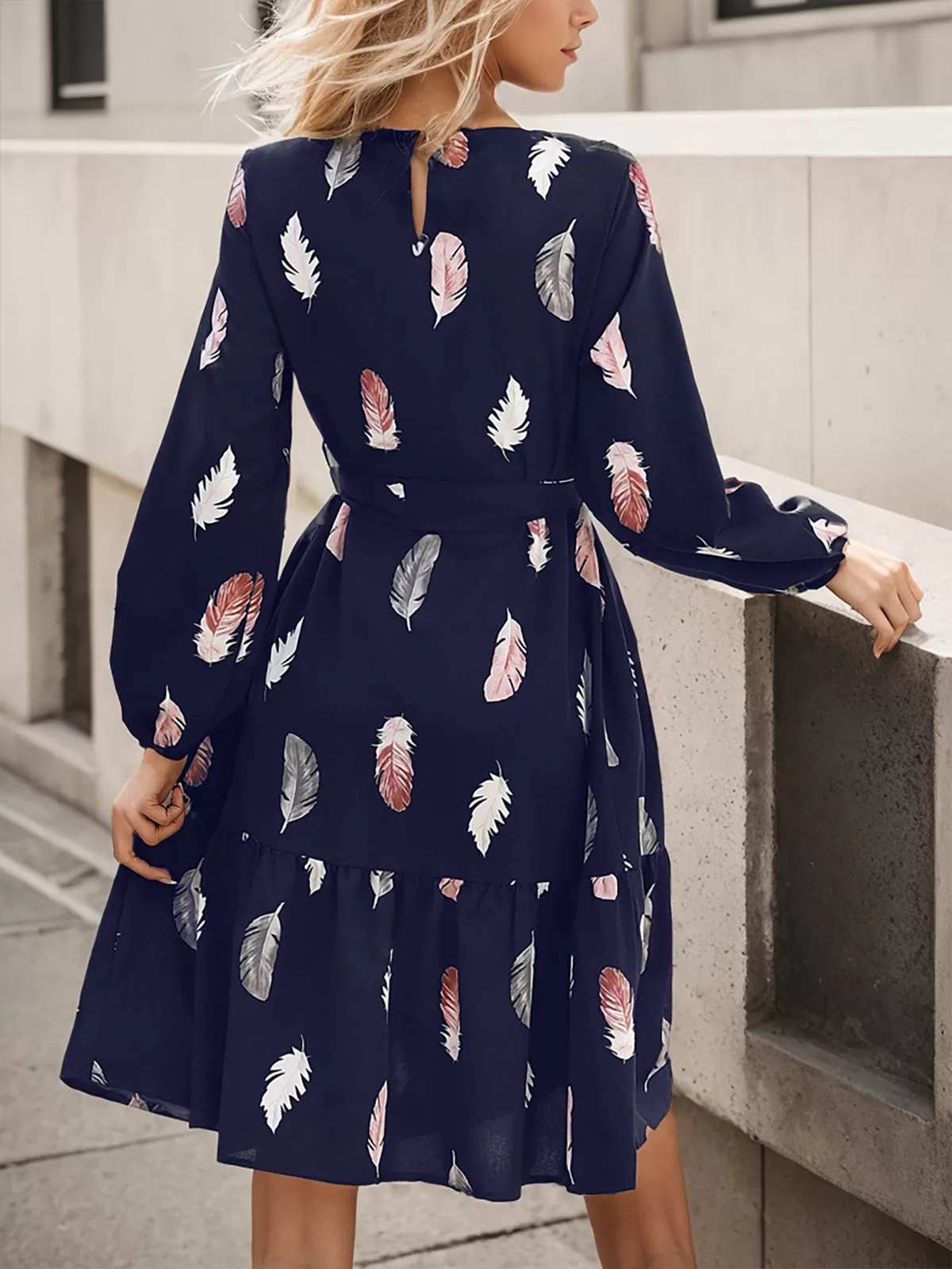 Graphic Ruffles Stand Collar Bishop A-line Dress, 2 of 6