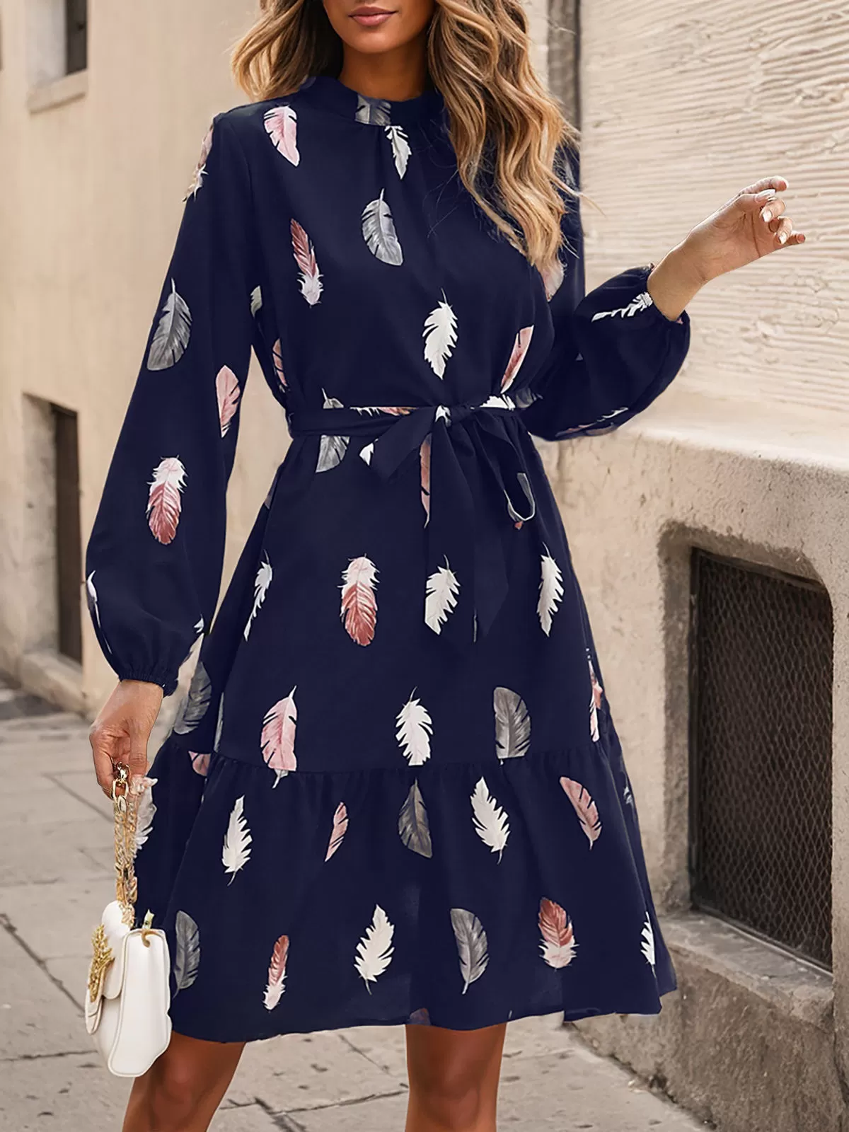 Graphic Ruffles Stand Collar Bishop A-line Dress, 3 of 6