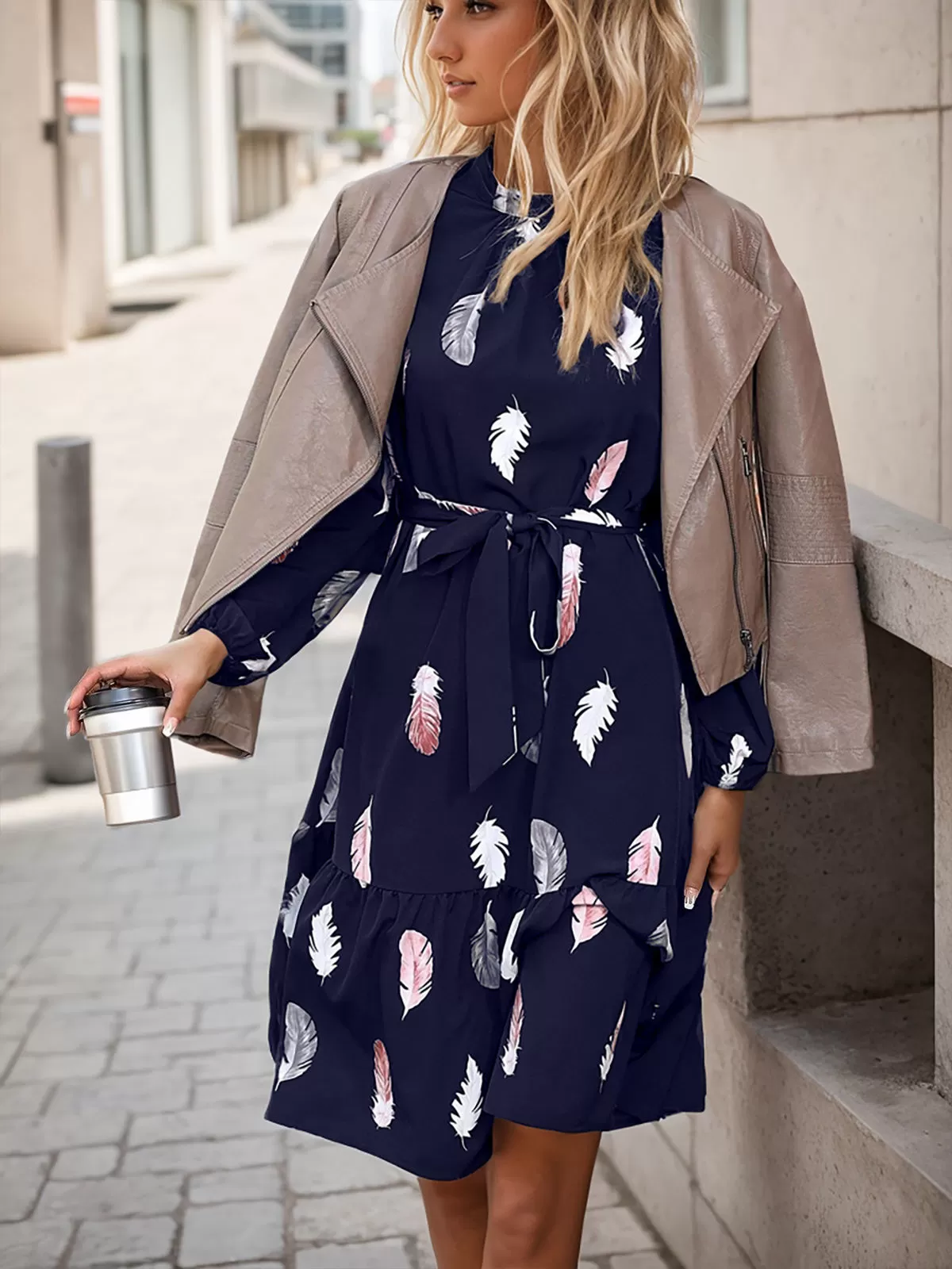 Graphic Ruffles Stand Collar Bishop A-line Dress, 5 of 6