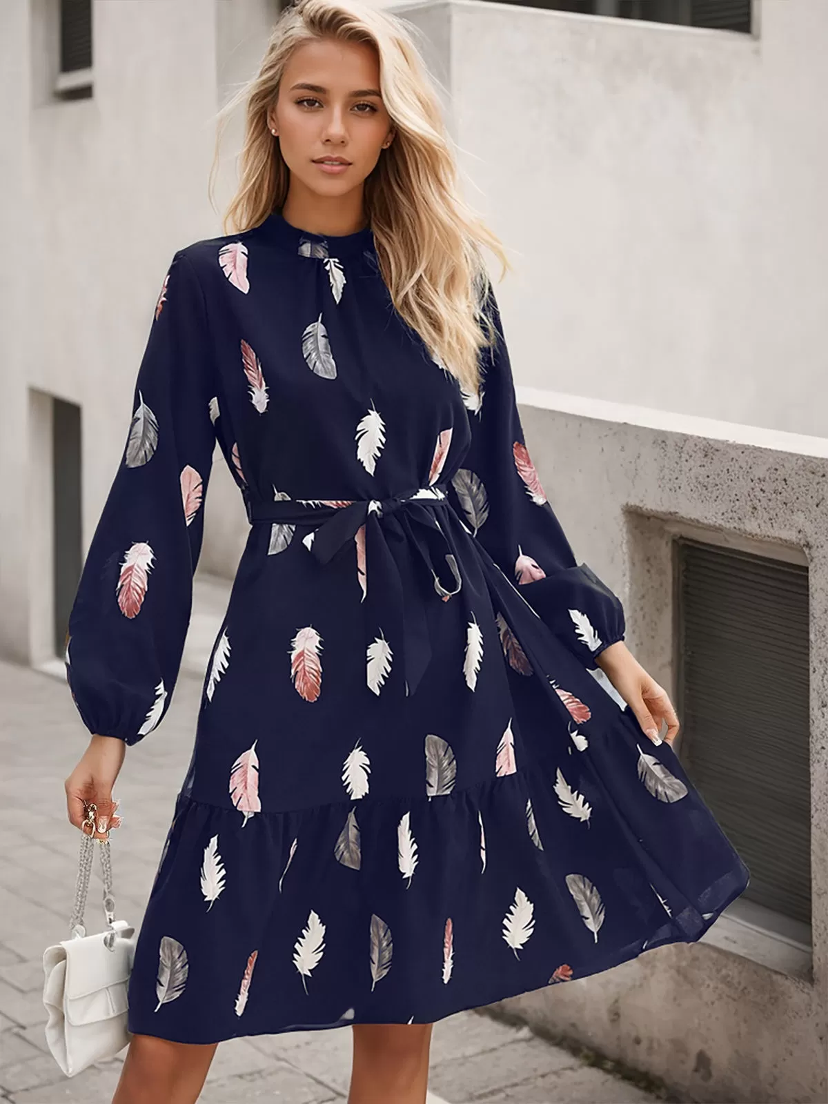 Graphic Ruffles Stand Collar Bishop A-line Dress, 6 of 6