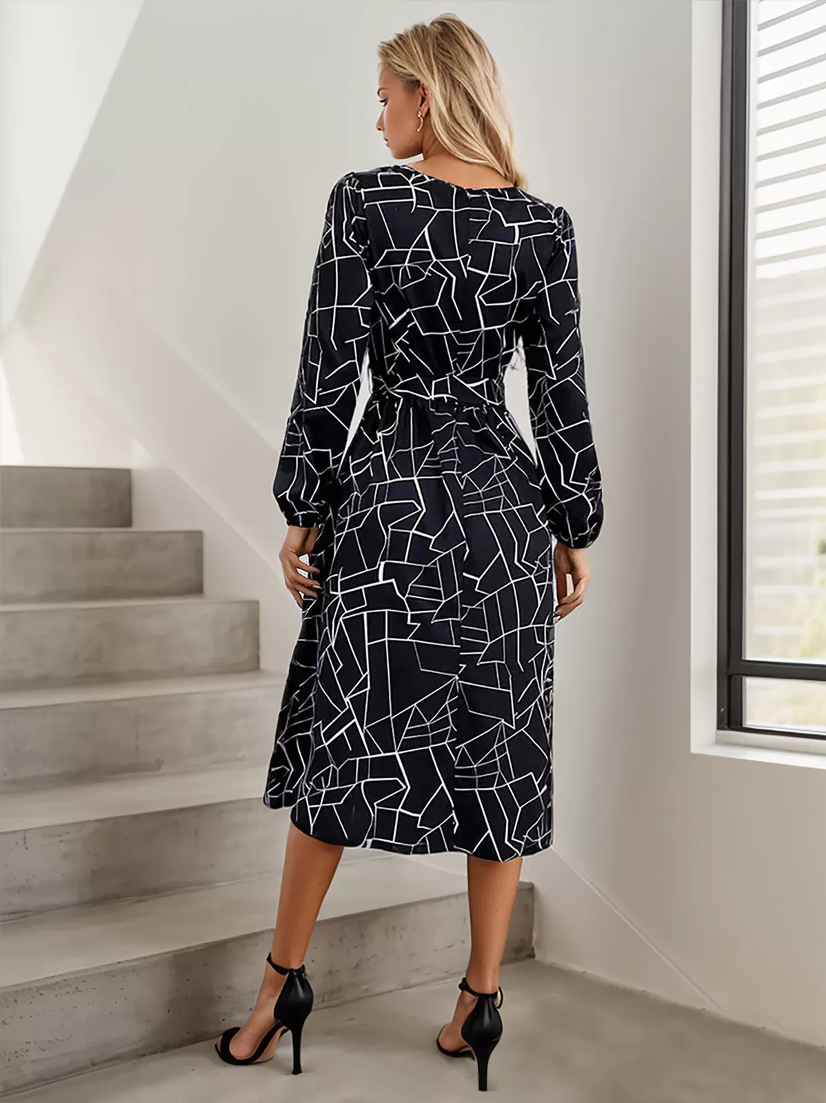 Geometric Belt Round Neck Puff A-line Dress, 2 of 6