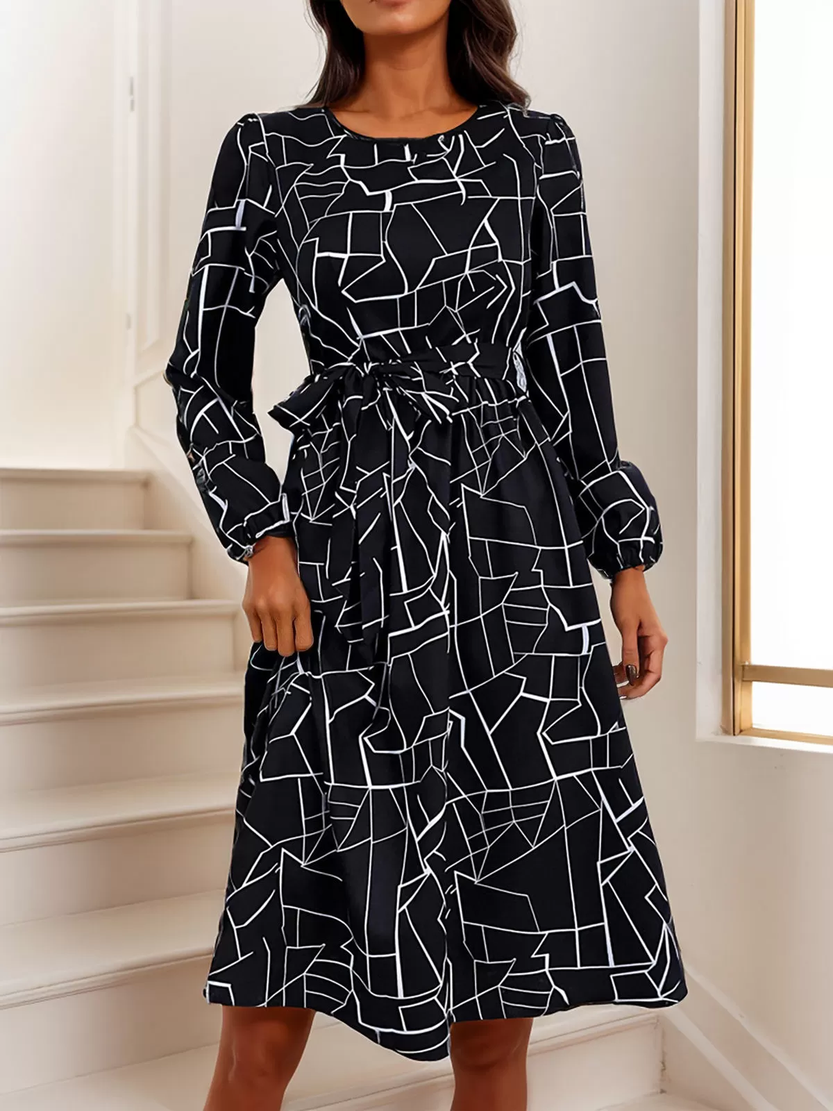 Geometric Belt Round Neck Puff A-line Dress, 5 of 6