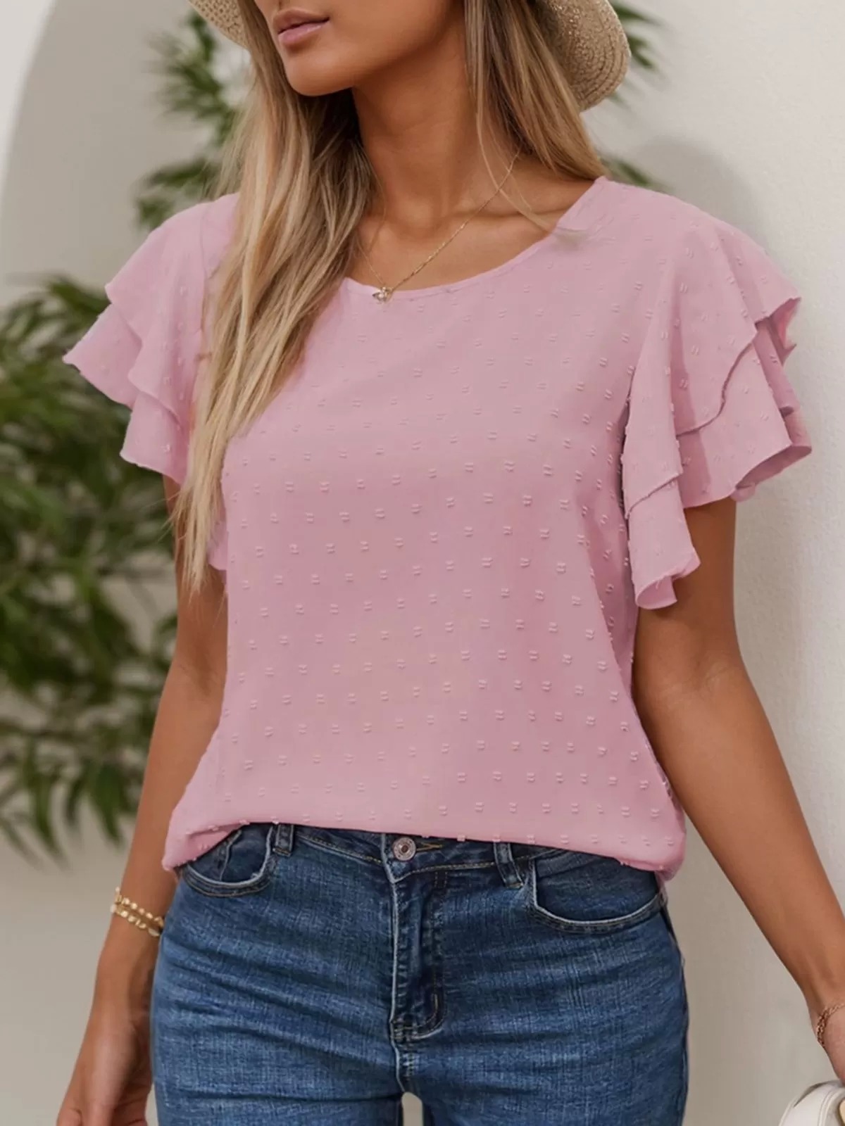 Solid Round Neck Flounce Sleeve Blouse | DRESSIN