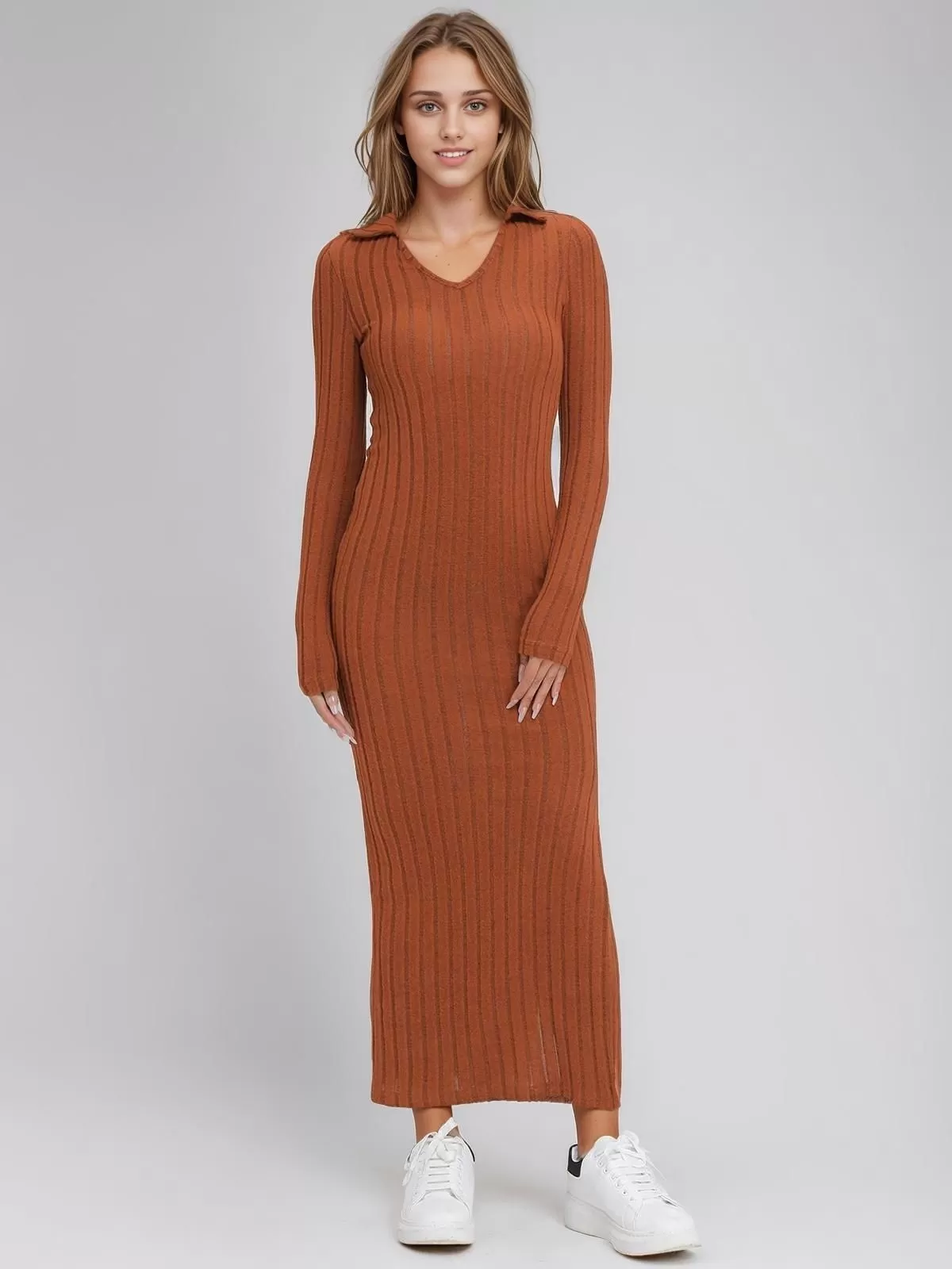 Solid Lapel Regular Sleeve Slit Dress, 3 of 6