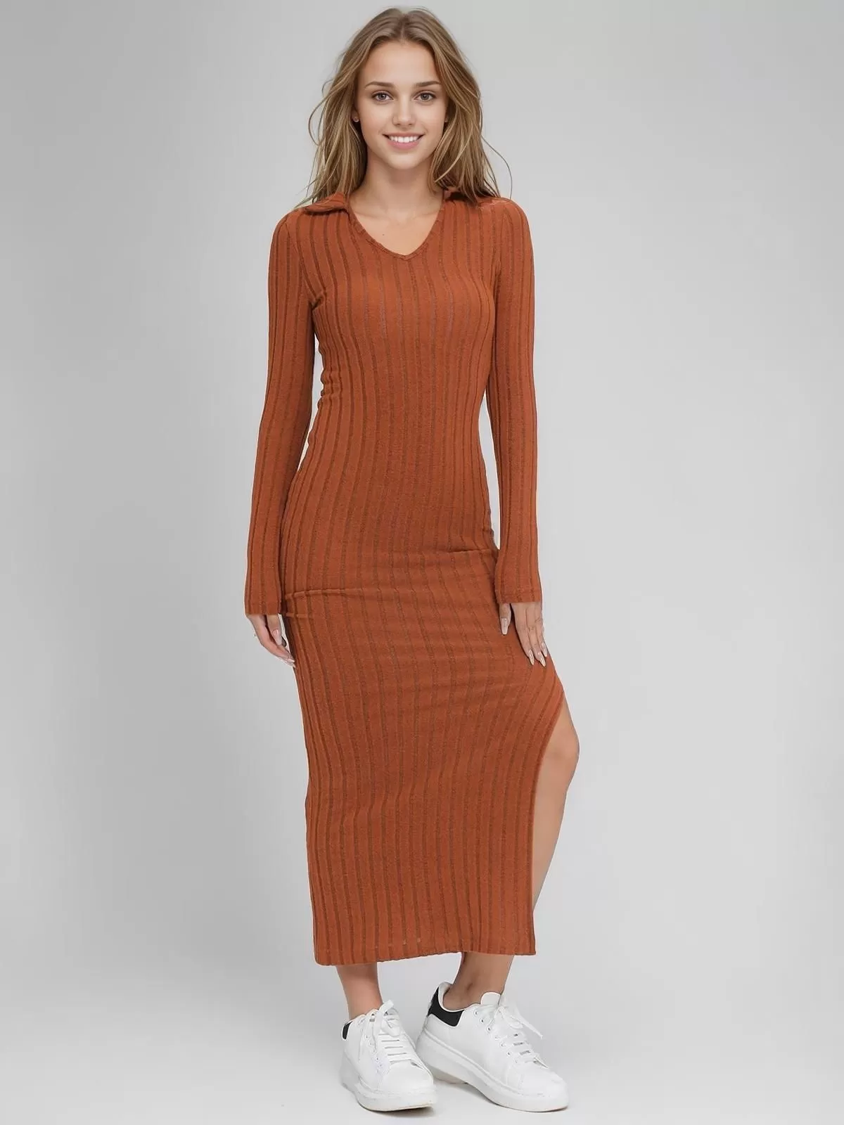 Solid Lapel Regular Sleeve Slit Dress, 4 of 6