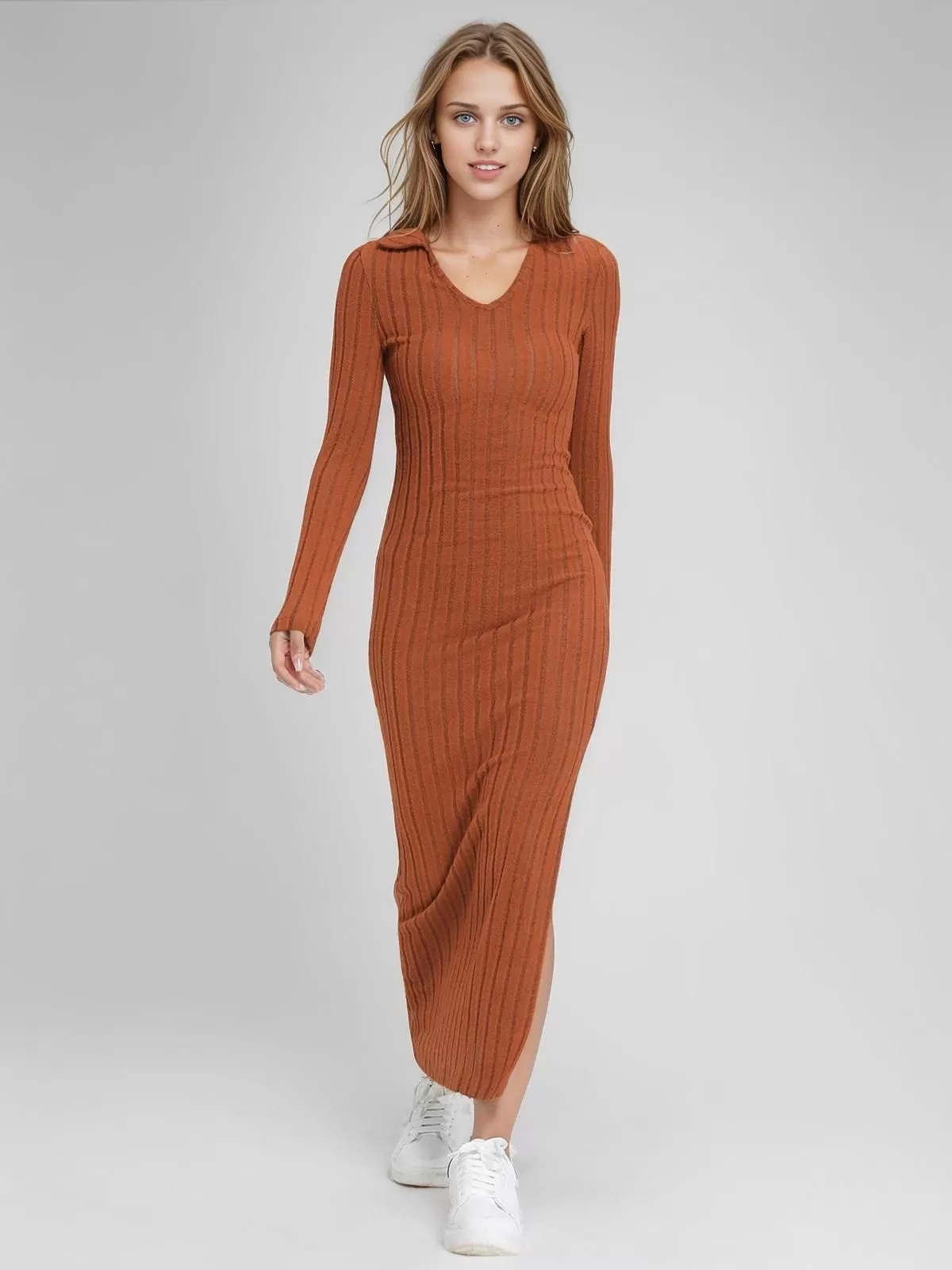 Solid Lapel Regular Sleeve Slit Dress, 6 of 6