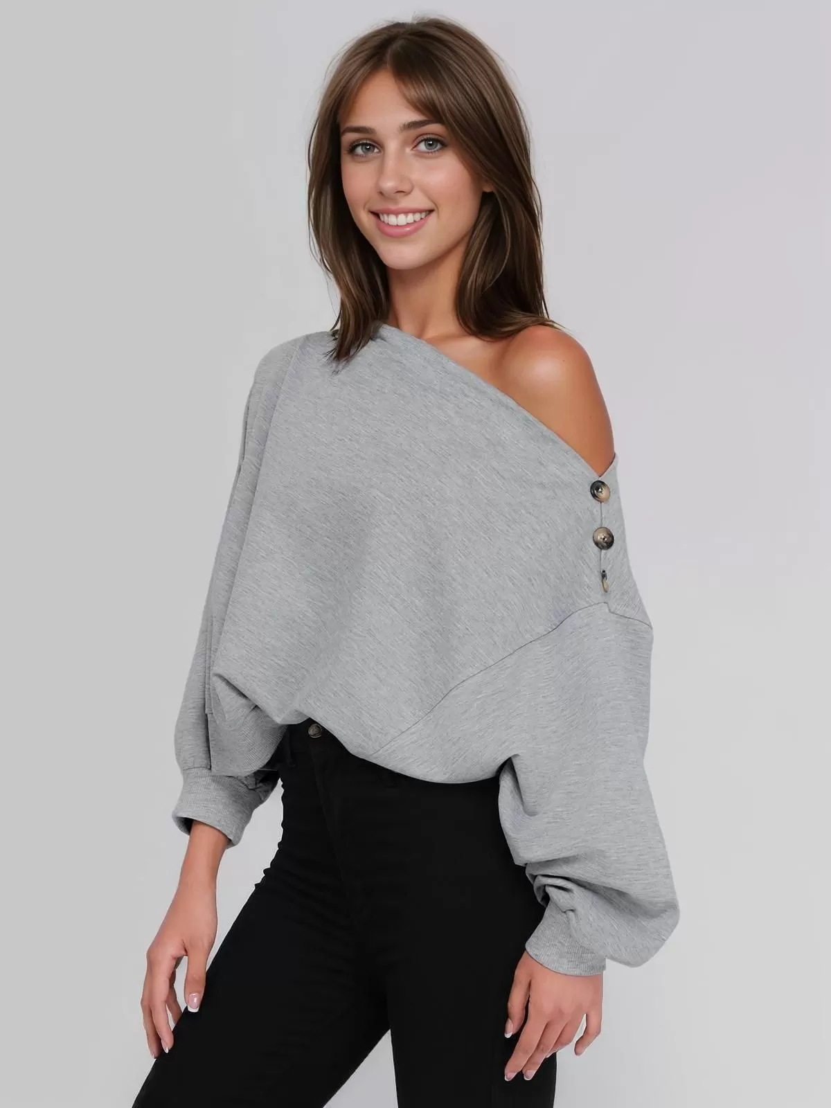 Solid Button Off Shoulder Regular Sweatshirt, 6 of 7