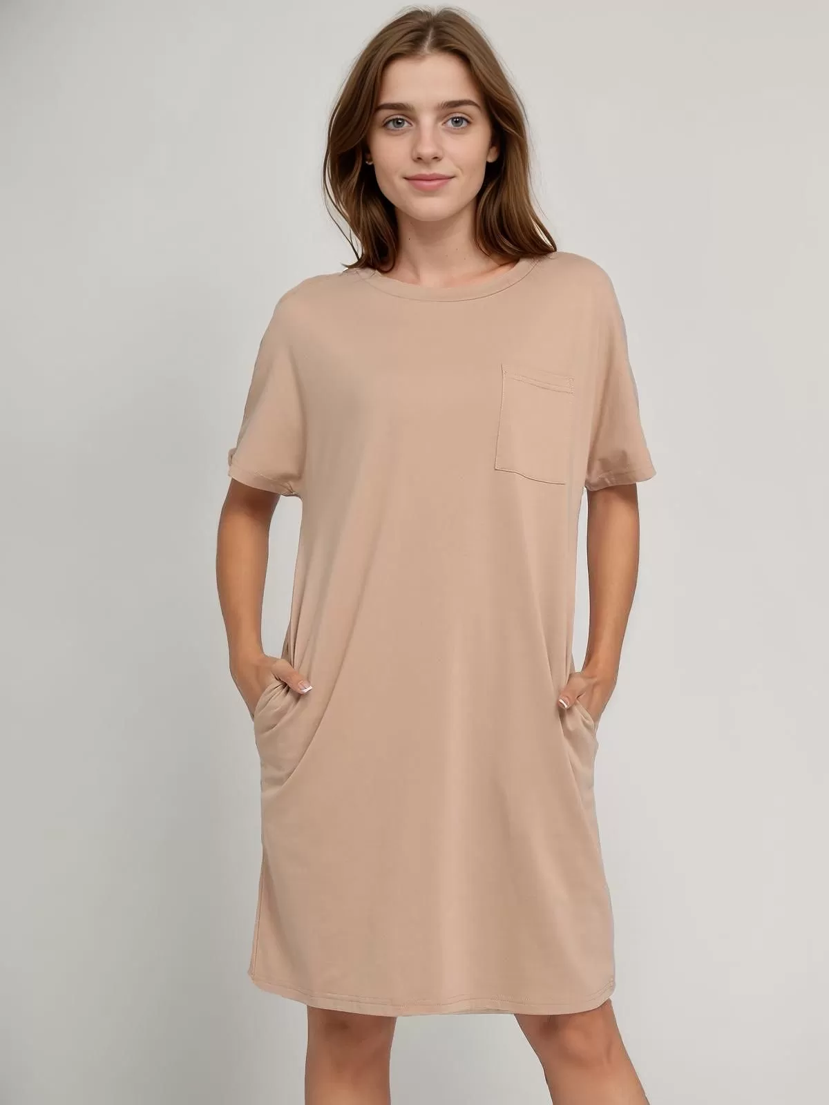 Solid Pocket Round Neck Shift Dress, 3 of 6