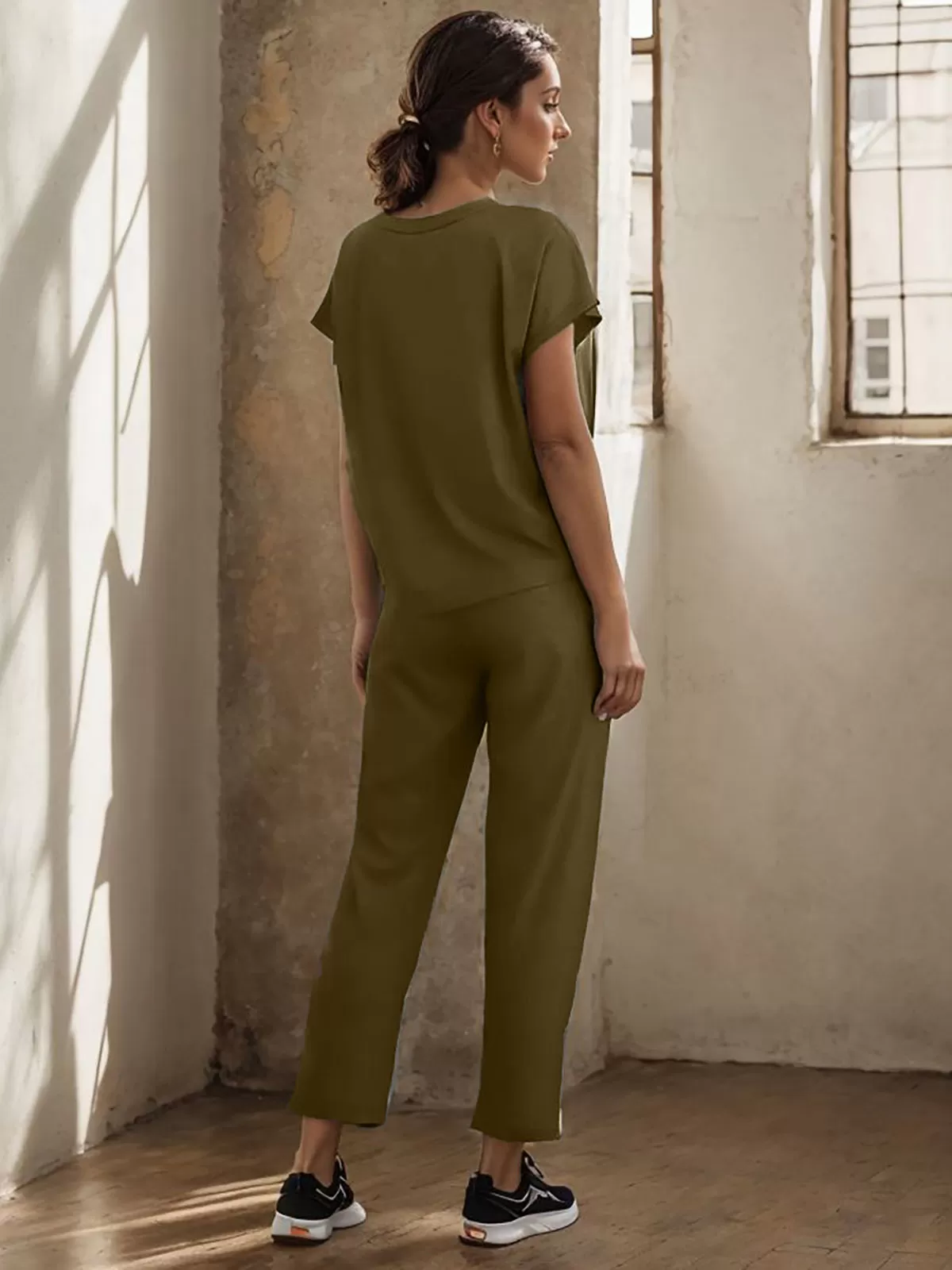 Solid Round Neck Lace-up T-shirt & Solid Pants, 2 of 7