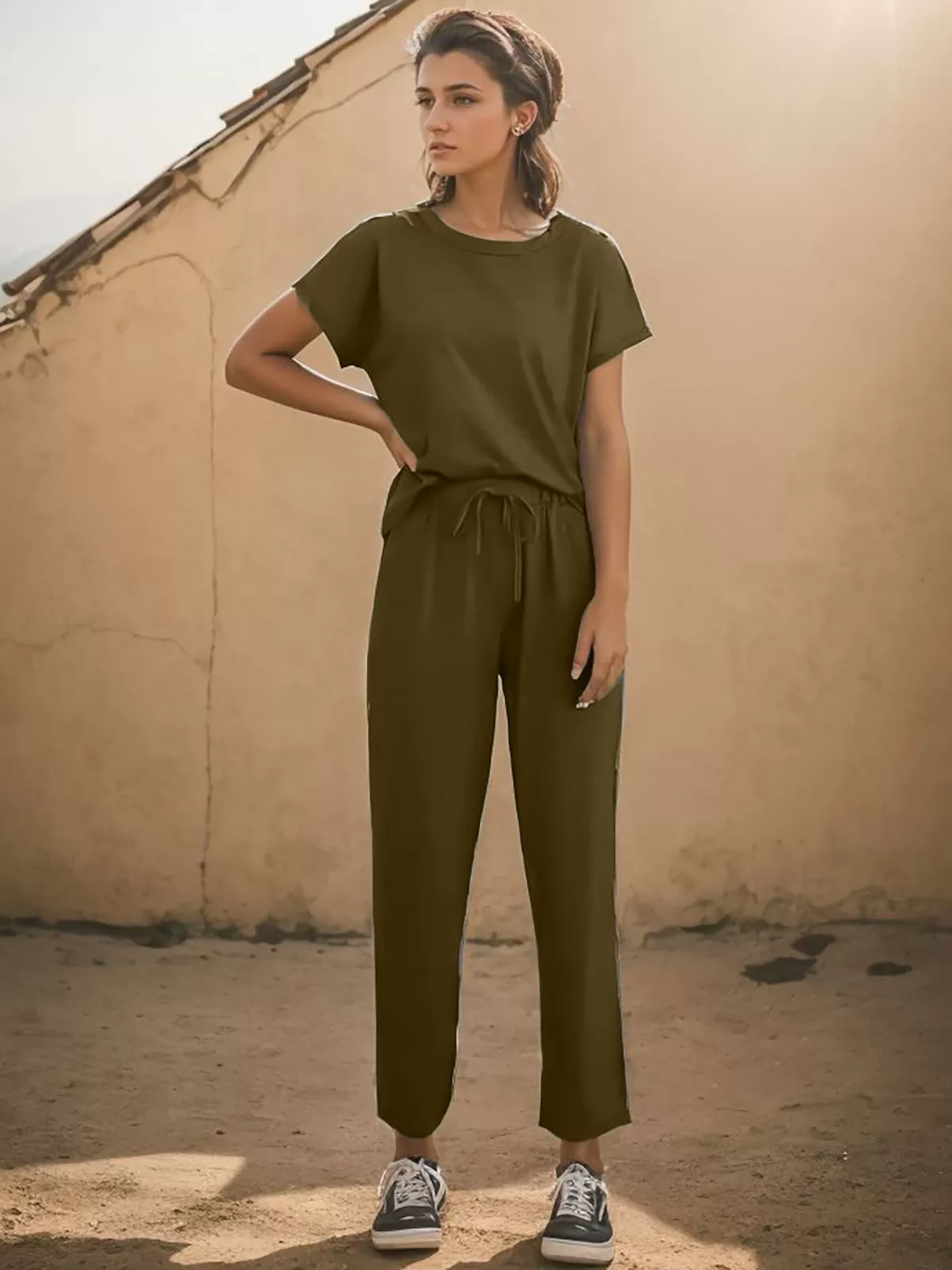 Solid Round Neck Lace-up T-shirt & Solid Pants, 3 of 7