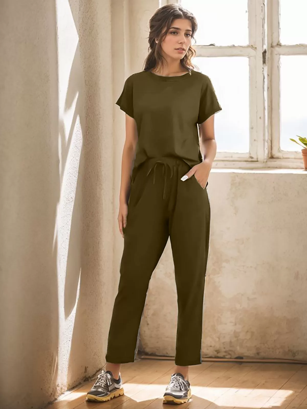 Solid Round Neck Lace-up T-shirt & Solid Pants, 4 of 7