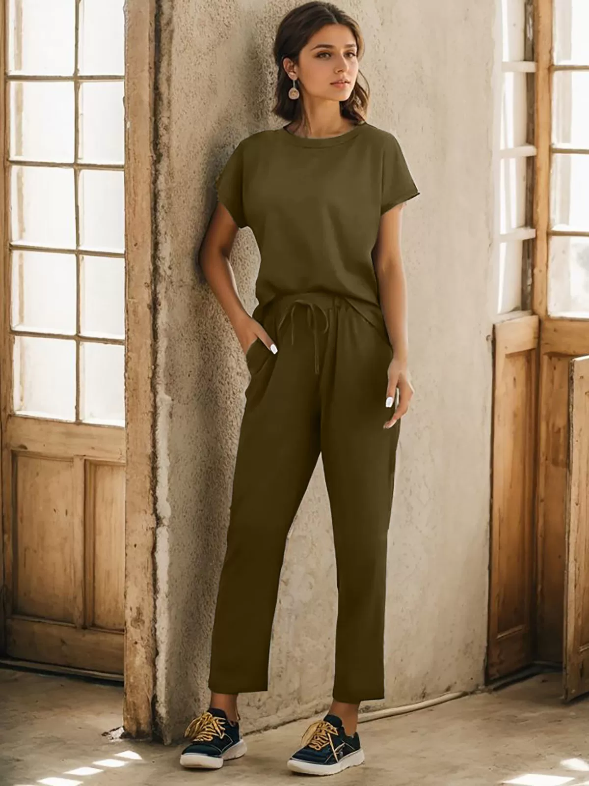 Solid Round Neck Lace-up T-shirt & Solid Pants, 5 of 7