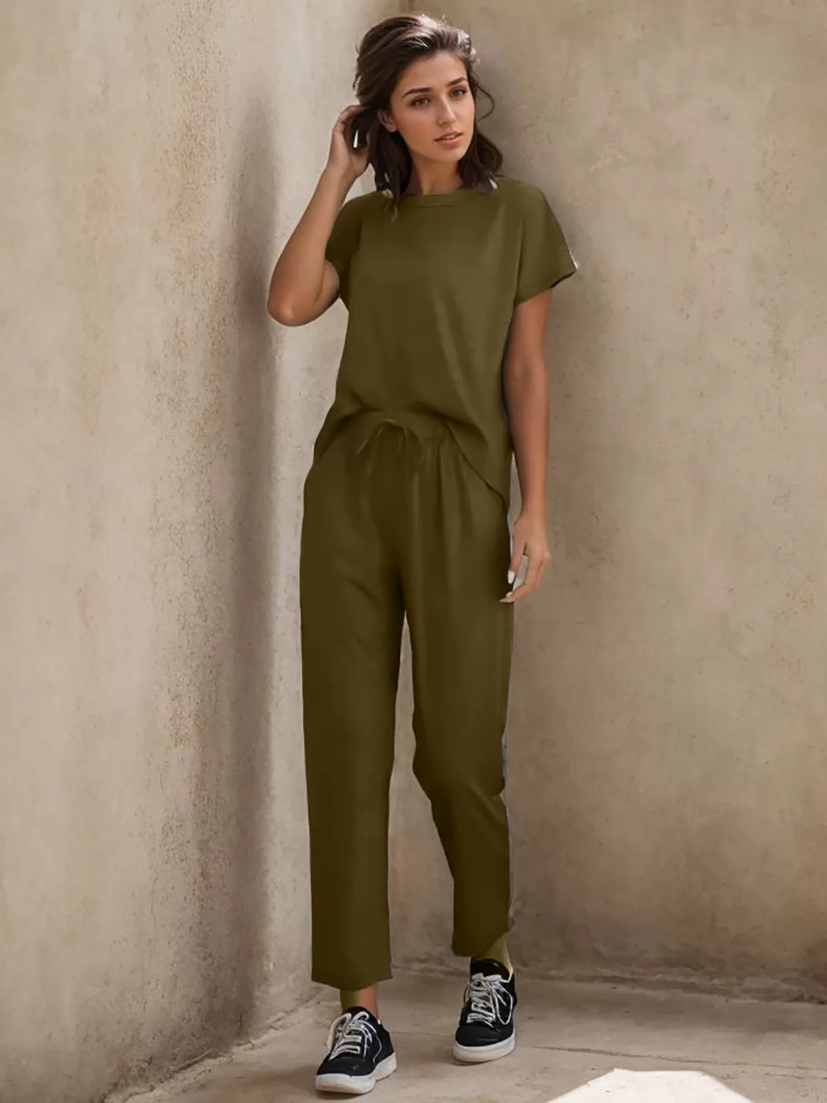 Solid Round Neck Lace-up T-shirt & Solid Pants, 6 of 7