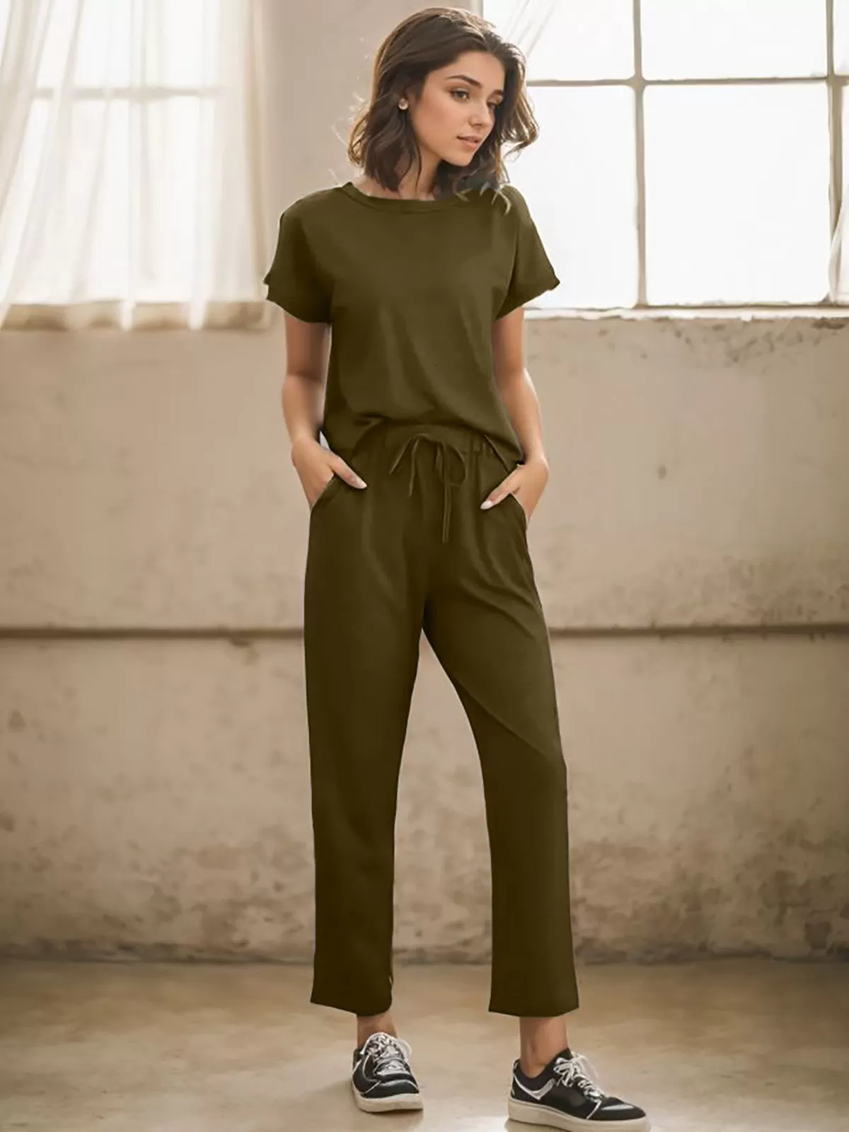 Solid Round Neck Lace-up T-shirt & Solid Pants, 7 of 7