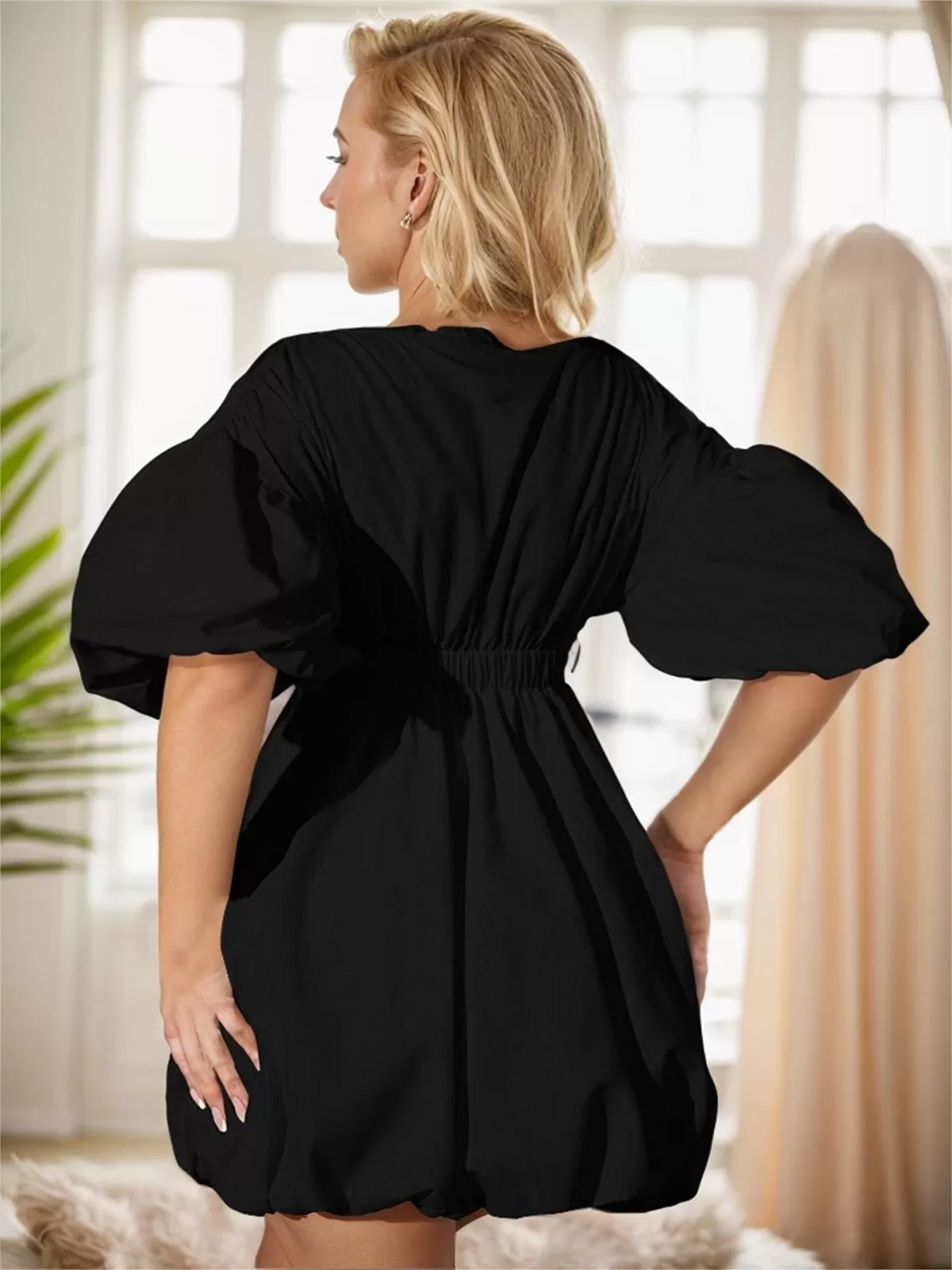 Solid Wrinkle Deep V-neck Puff Bubble Dress, 2 of 5