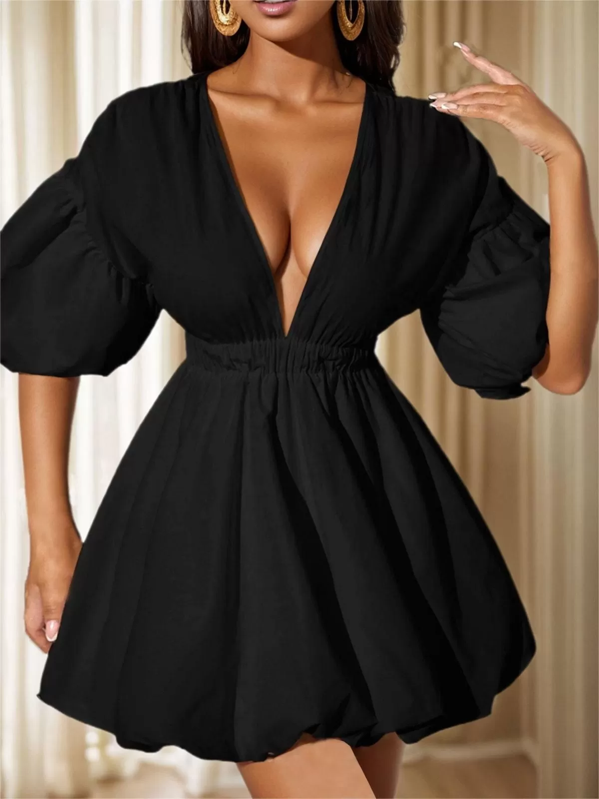 Solid Wrinkle Deep V-neck Puff Bubble Dress, 3 of 5
