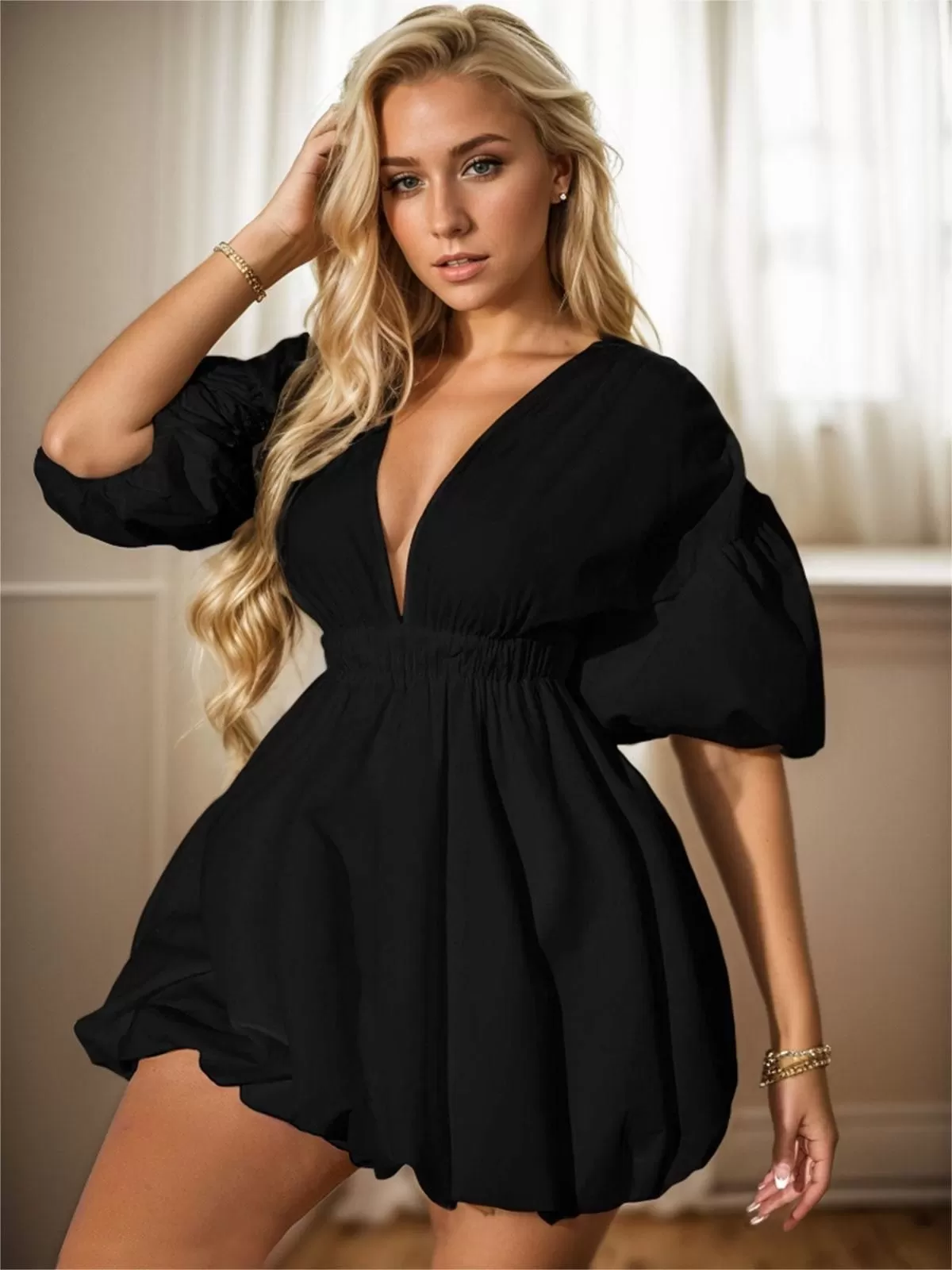 Solid Wrinkle Deep V-neck Puff Bubble Dress, 5 of 5