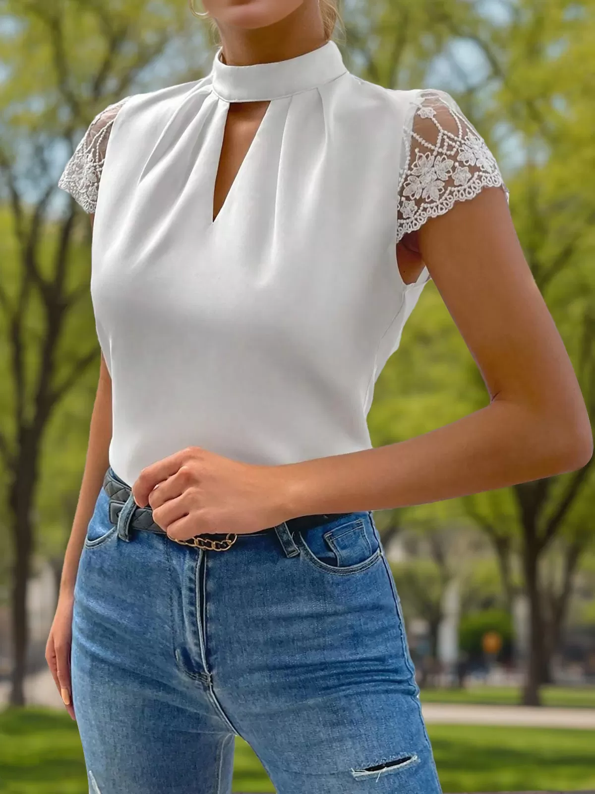 Solid Lace Notched Regular Blouse, 3 of 6