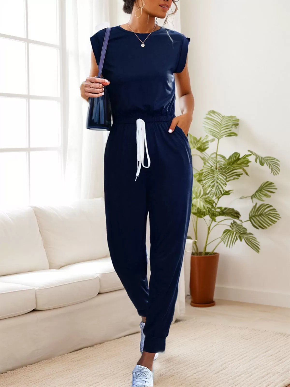 Solid Lace-up Round Neck Medium Rise Cap Jumpsuits, 3 of 6