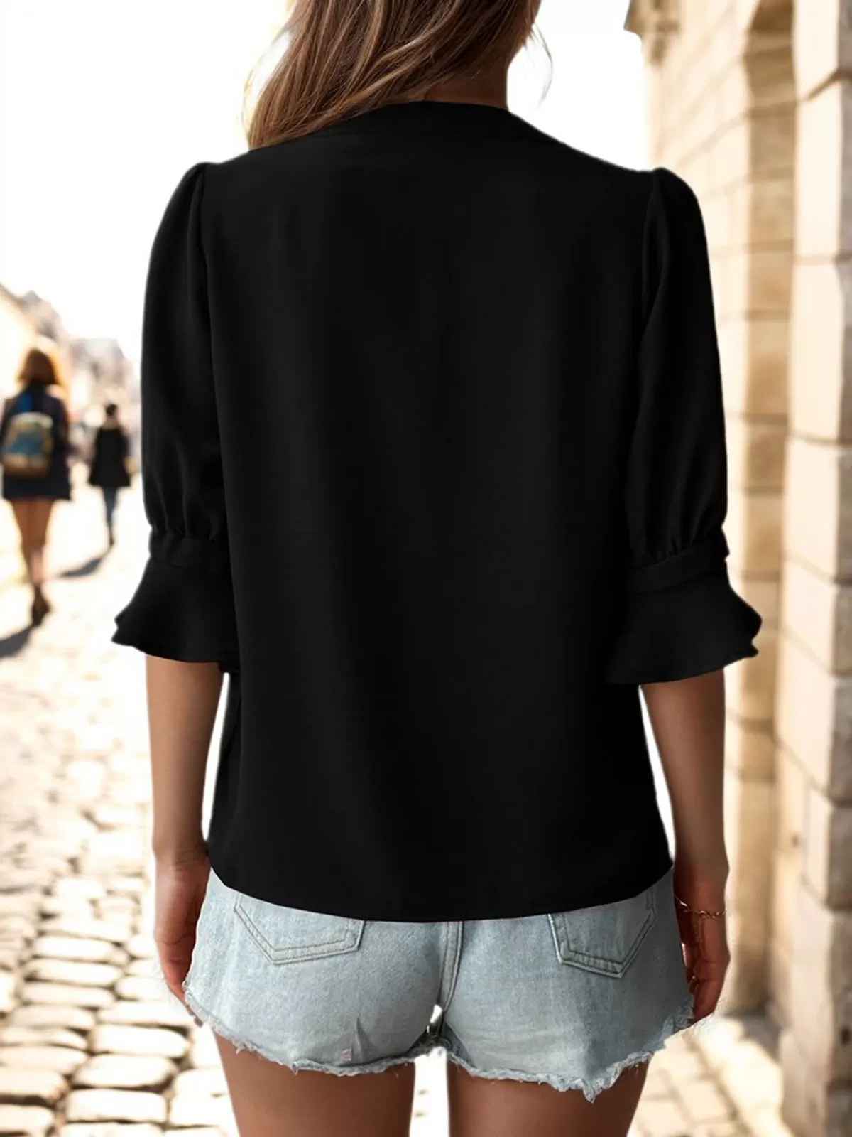 Solid Ruffles Stand Collar Regular Top, 2 of 6