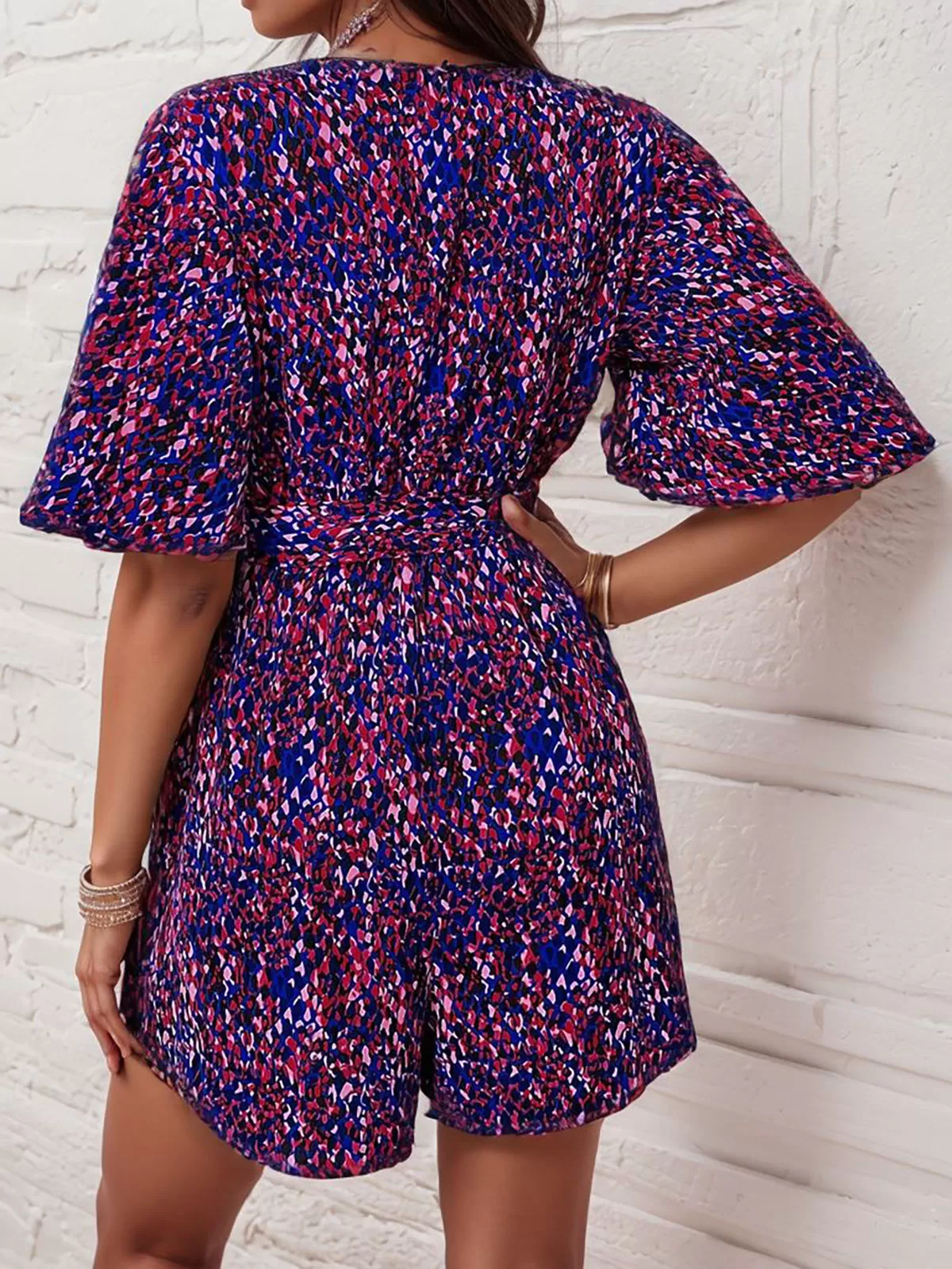 All Over Print Lace-up Surplice High Rise Flare Jumpsuits, 2 of 5